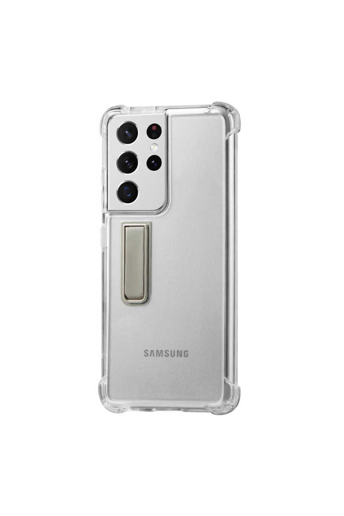 Galaxy S21 Ultra Uyumlu Zore Standlı Süper Silikon Kılıf-Siyah