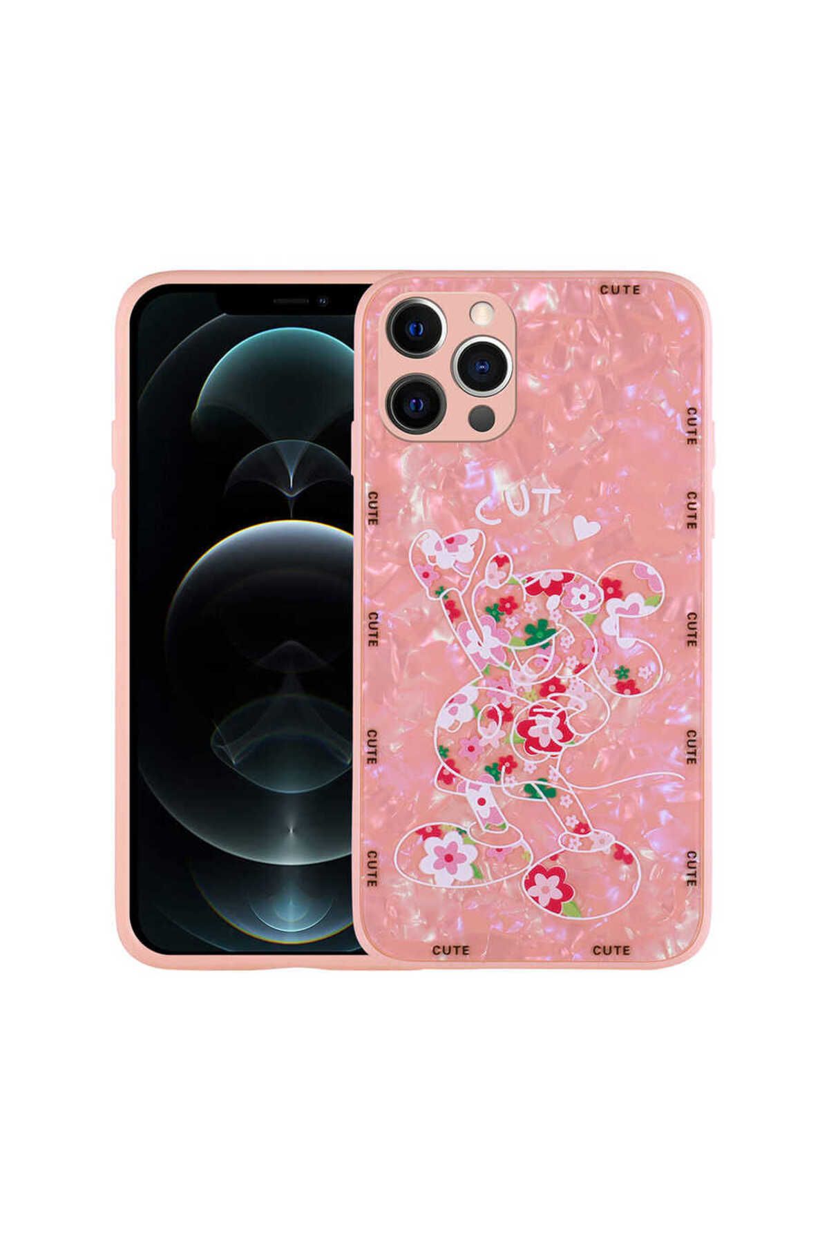 iPhone 12 Pro Max Uyumlu Desenli Sert Silikon Zore Mumila Kılıf-Pink Mouse