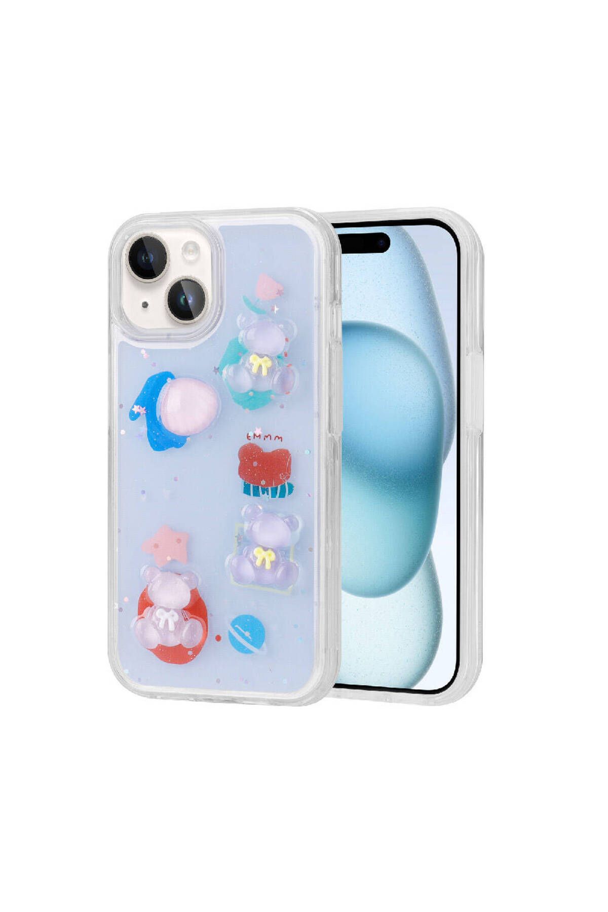 iPhone 15 Uyumlu Kabartma Figürlü Parlak Zore Minimini Silikon Kılıf-Mor