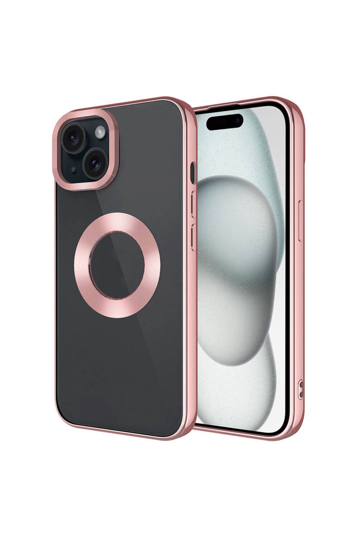 iPhone 15 Uyumlu Tek Kamera Çerçeveli Logo Gösteren Zore Omega Kılıf-Rose Gold