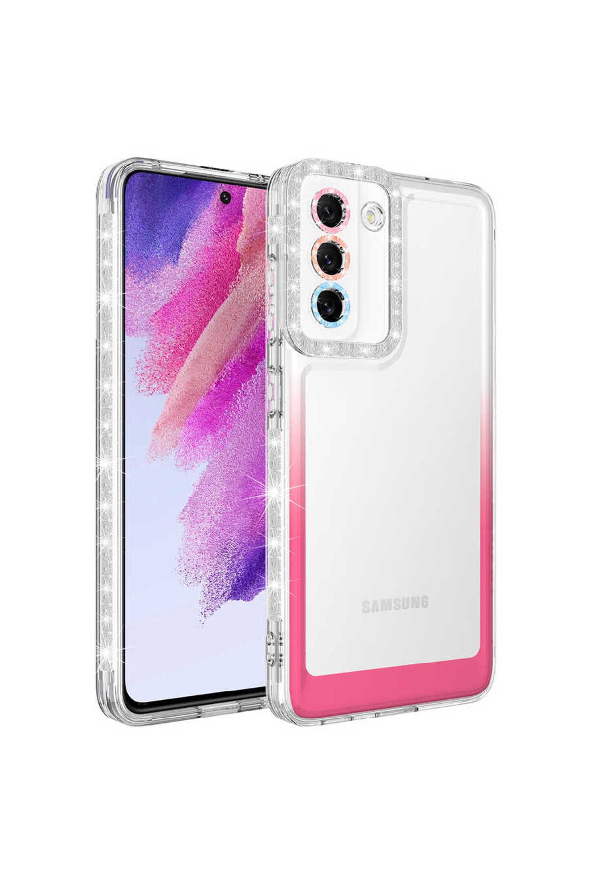 Galaxy S21 FE Uyumlu Simli ve Renk Geçiş Tasarımlı LZore Korumalı Zore Park Kılıf-Beyaz-Pembe