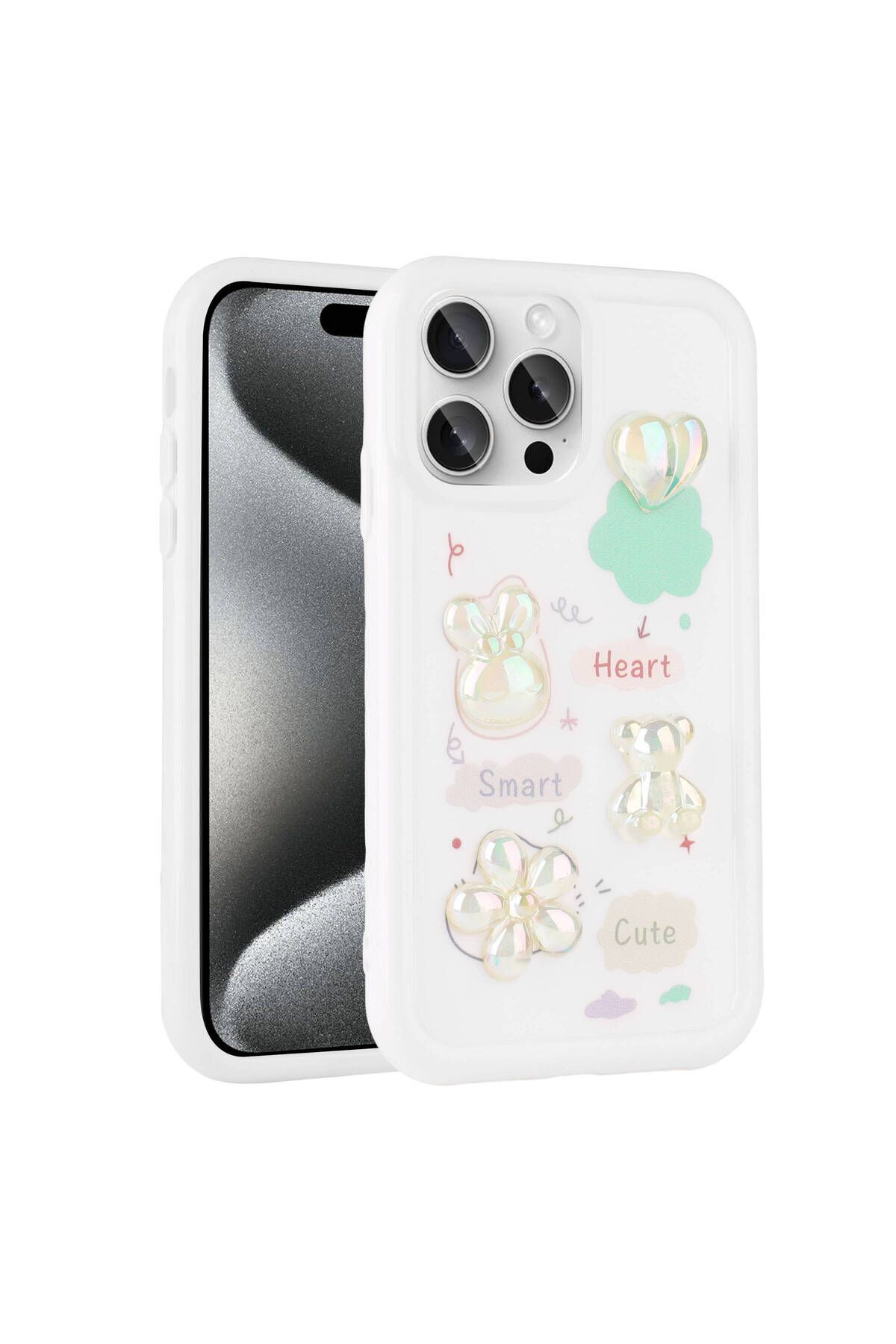iPhone 15 Pro Uyumlu Kabartma Figürlü Parlak Zore Toys Silikon Kılıf-Beyaz