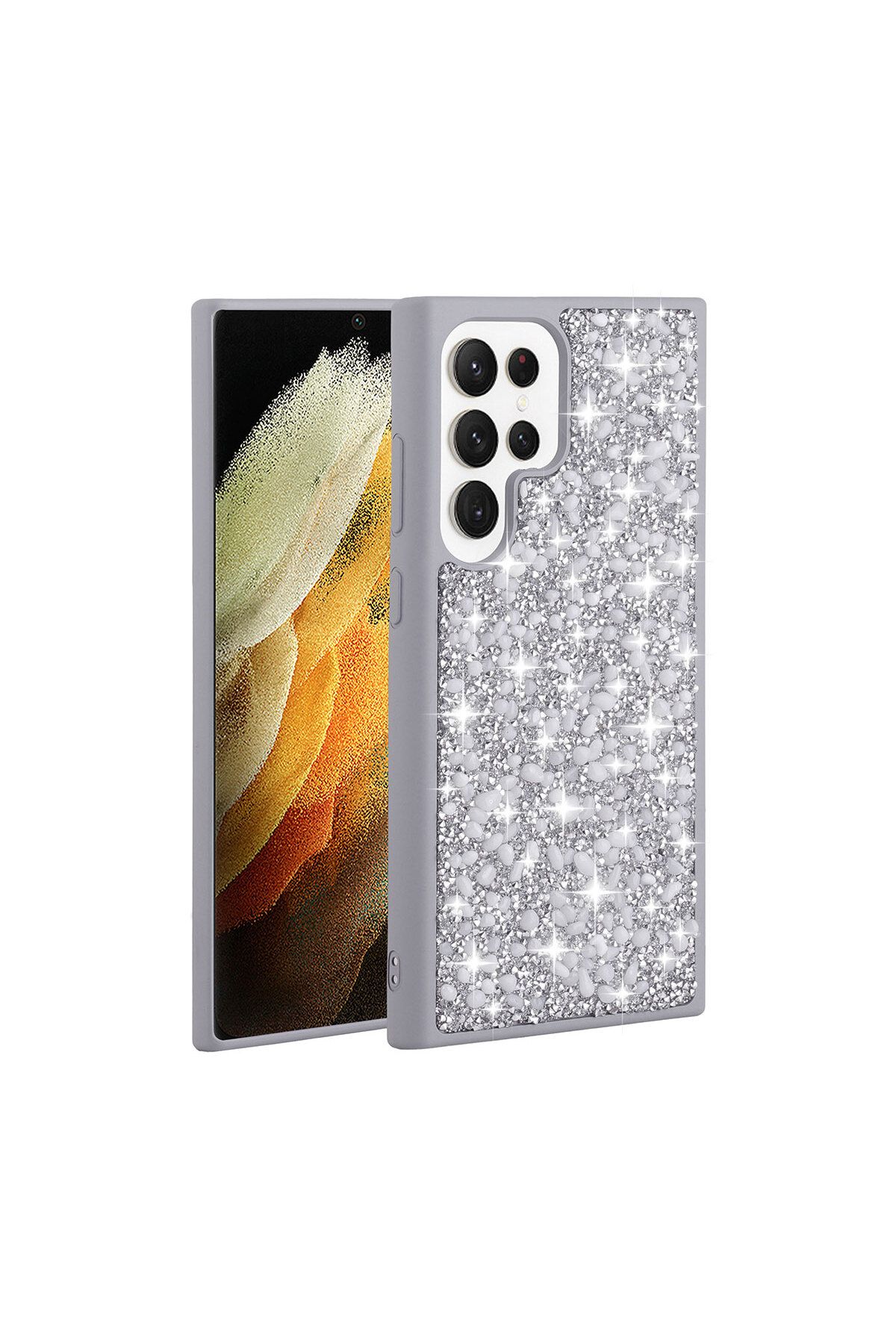 Galaxy S23 Ultra Uyumlu Parlak Taşlı Tasarım Zore Linea Kılıf-Gümüş