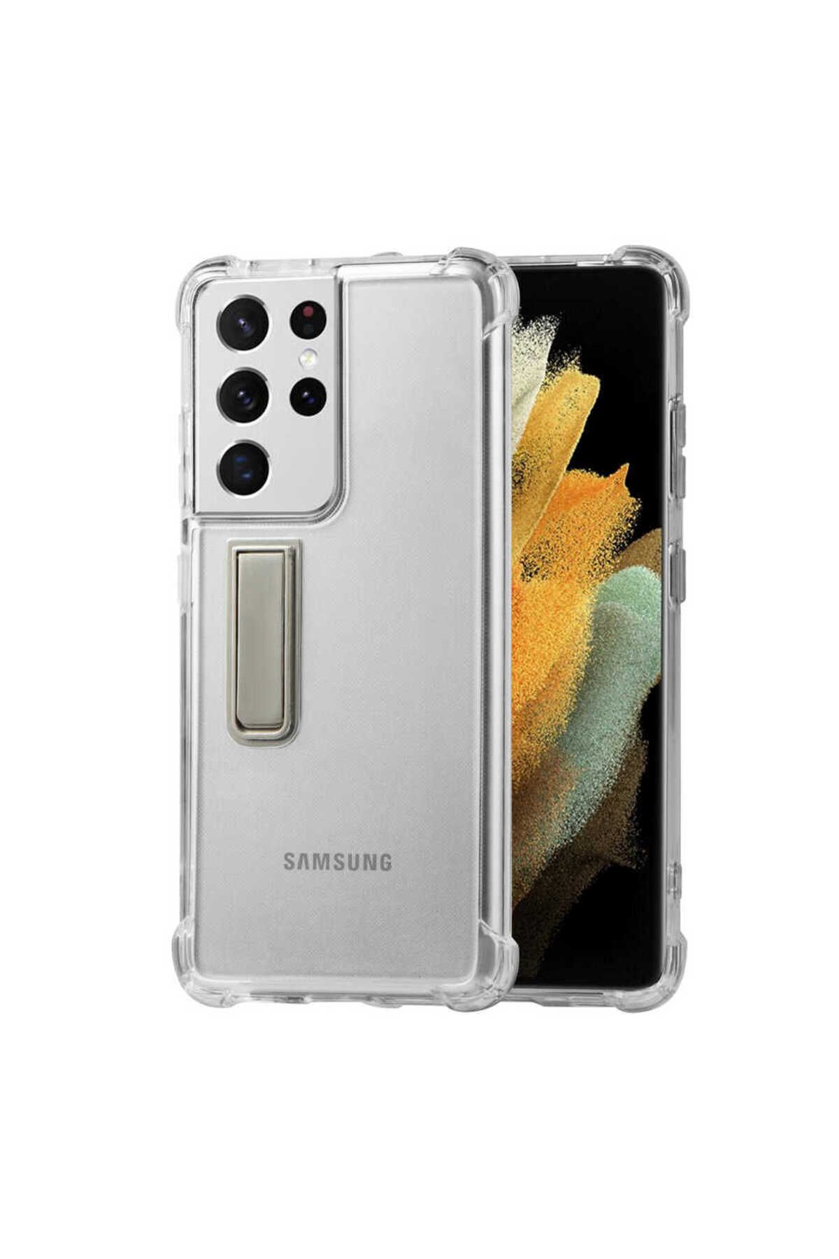Galaxy S21 Ultra Uyumlu Zore Standlı Süper Silikon Kılıf-Renksiz
