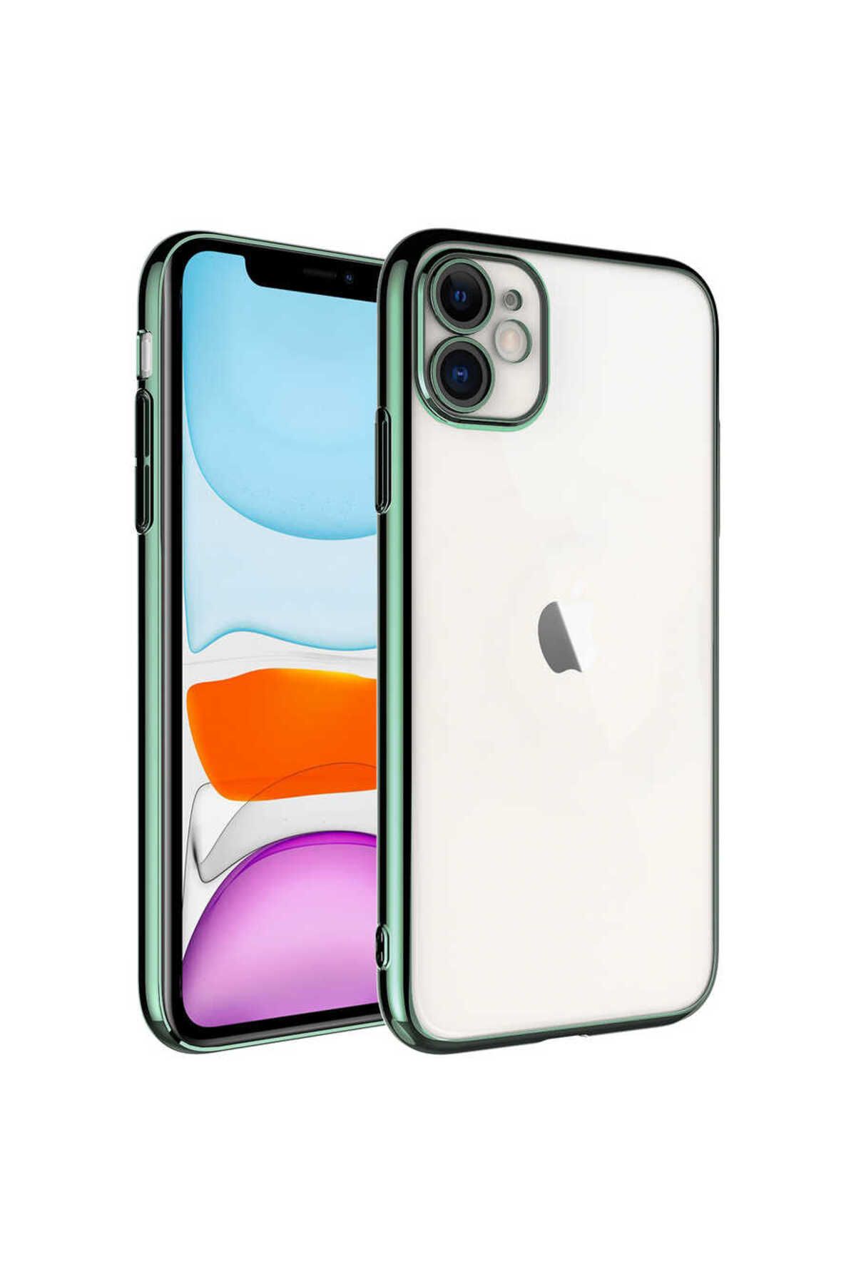 iPhone 11 Uyumlu Sert PC Renkli Çerçeveli Zore Riksos Kılıf-Yeşil