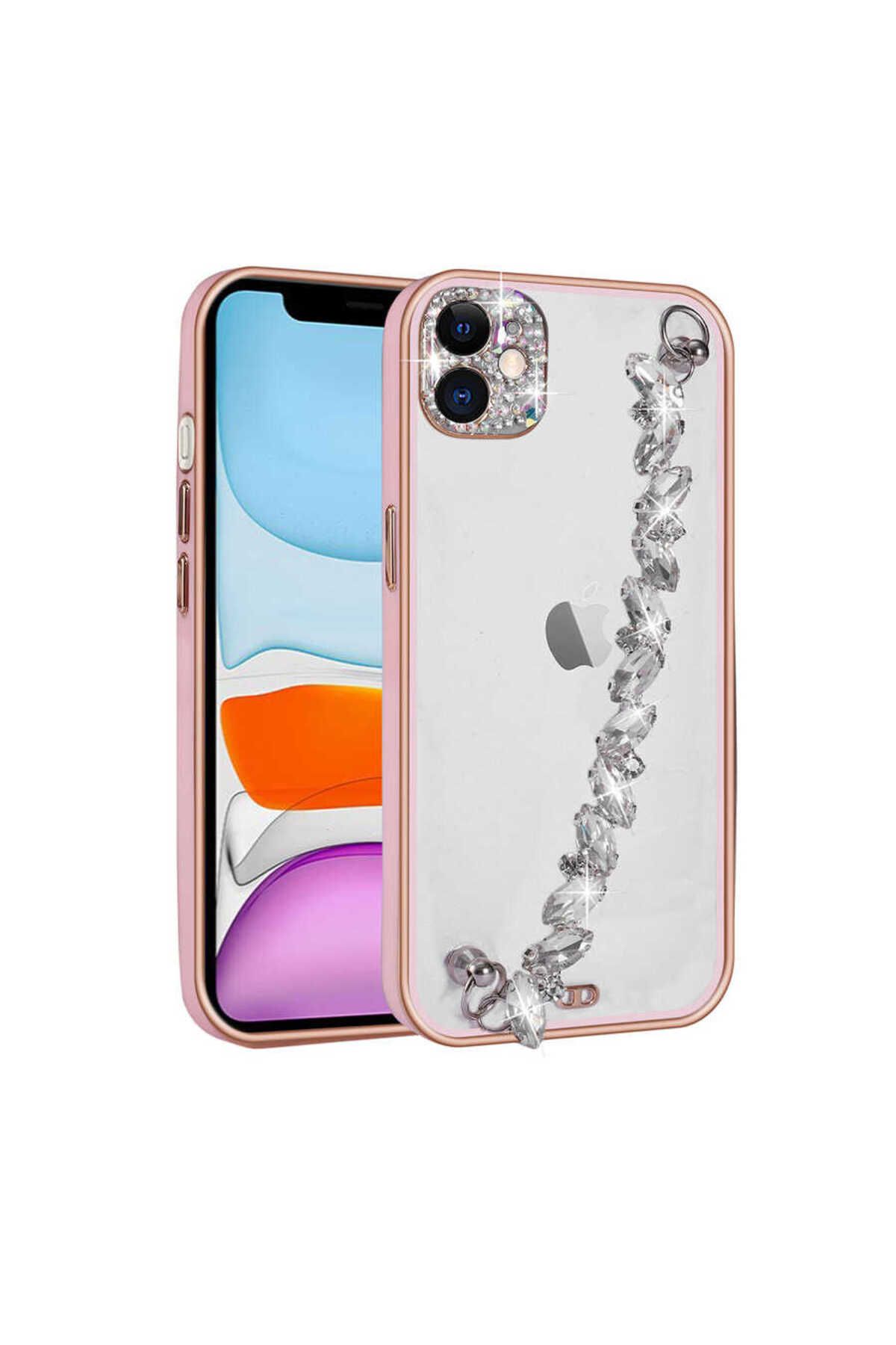 iPhone 11 Uyumlu Taş Süslemeli Kamera Korumalı El Tutamaçlı Zore Blazer Kılıf-Pembe