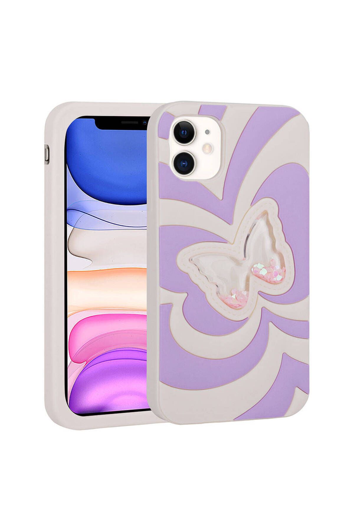 iPhone 11 Uyumlu Sıvılı Simli Kelebekli Tasarım Zore Vodena Kılıf-Lila