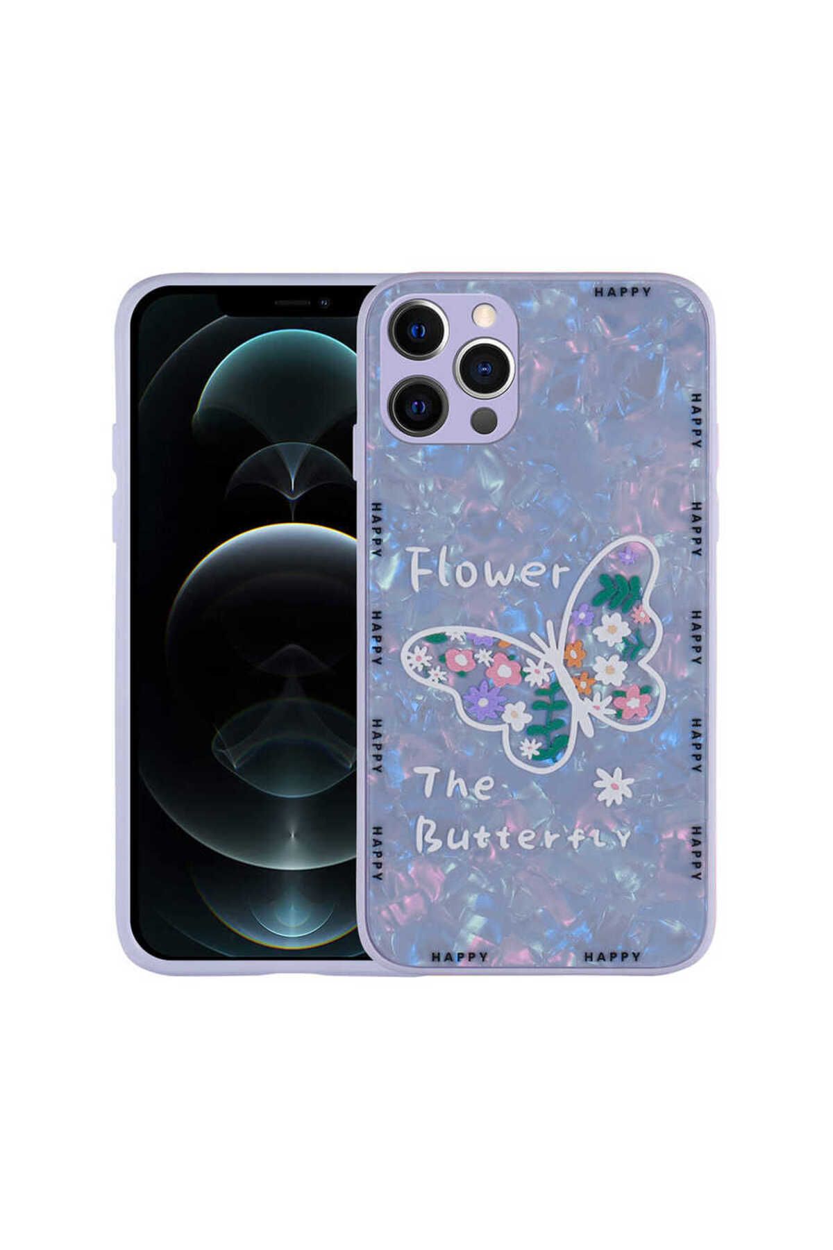 iPhone 12 Pro Max Uyumlu Desenli Sert Silikon Zore Mumila Kılıf-Lilac Flower