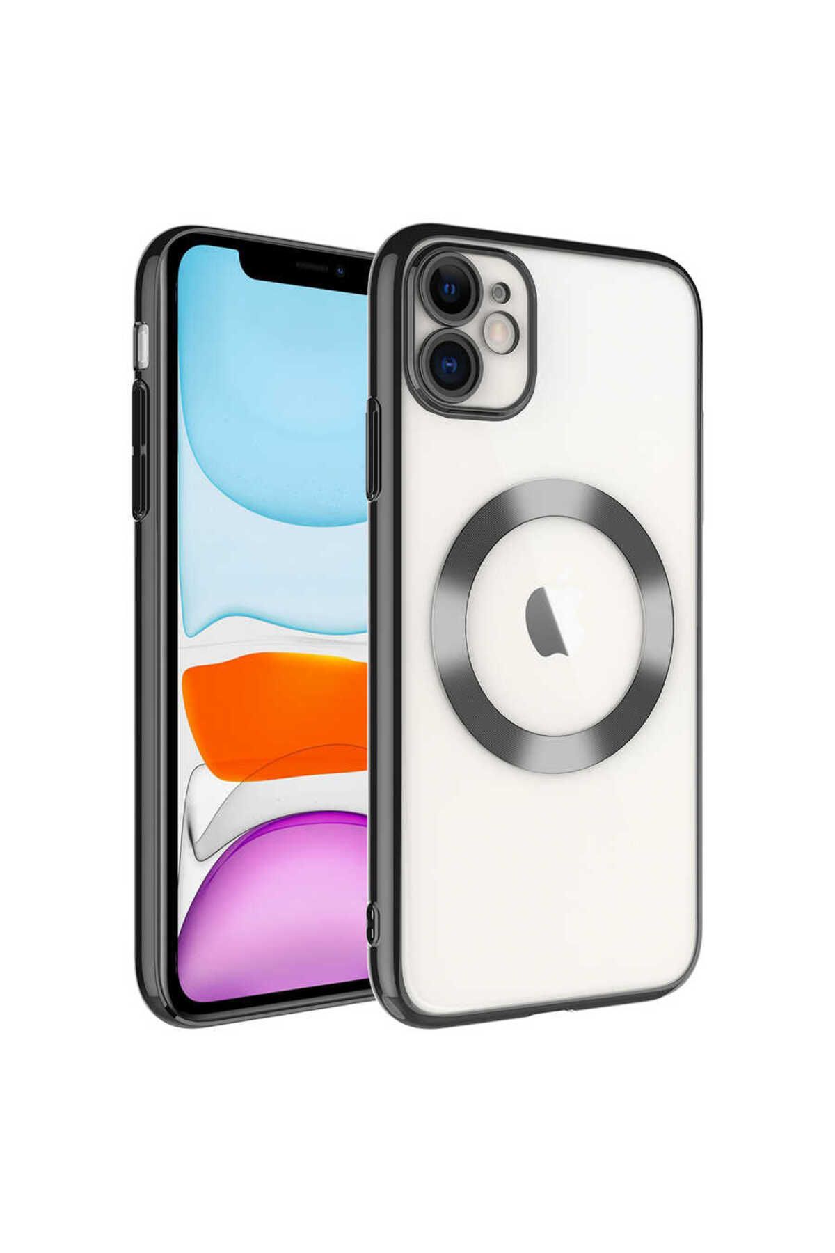 iPhone 11 Uyumlu Wireless Şarj Özellikli Sert PC Zore Riksos Magsafe Kılıf-Siyah