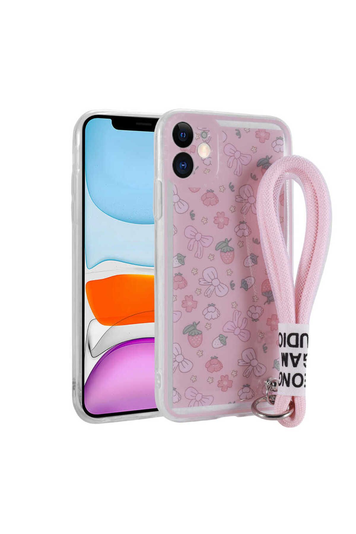 iPhone 11 Uyumlu Desenli El Askılı İpli Zore Astana Silikon Kılıf-Çilek