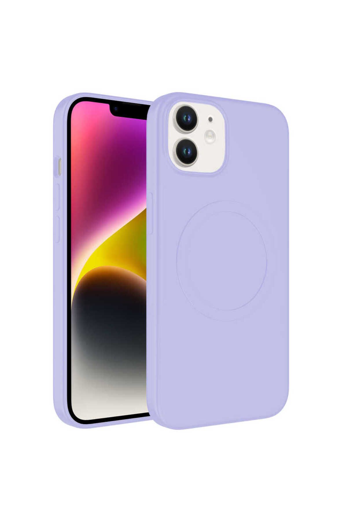 iPhone 11 Uyumlu Magsafe Wireless Şarj Özellikli Pastel Renk Silikon Zore Plas Kılıf-Lila