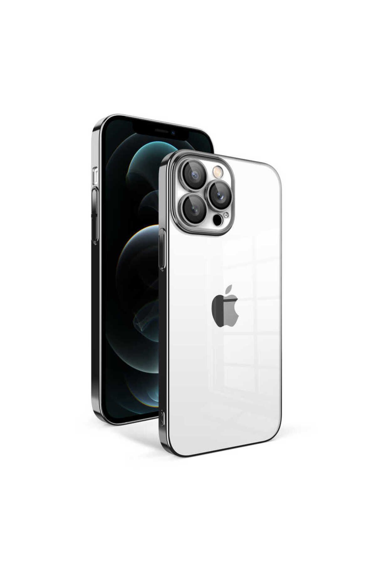 iPhone 12 Pro Max Uyumlu Kamera Korumalı Renkli Çerçeveli Zore Garaj Kılıf-Siyah