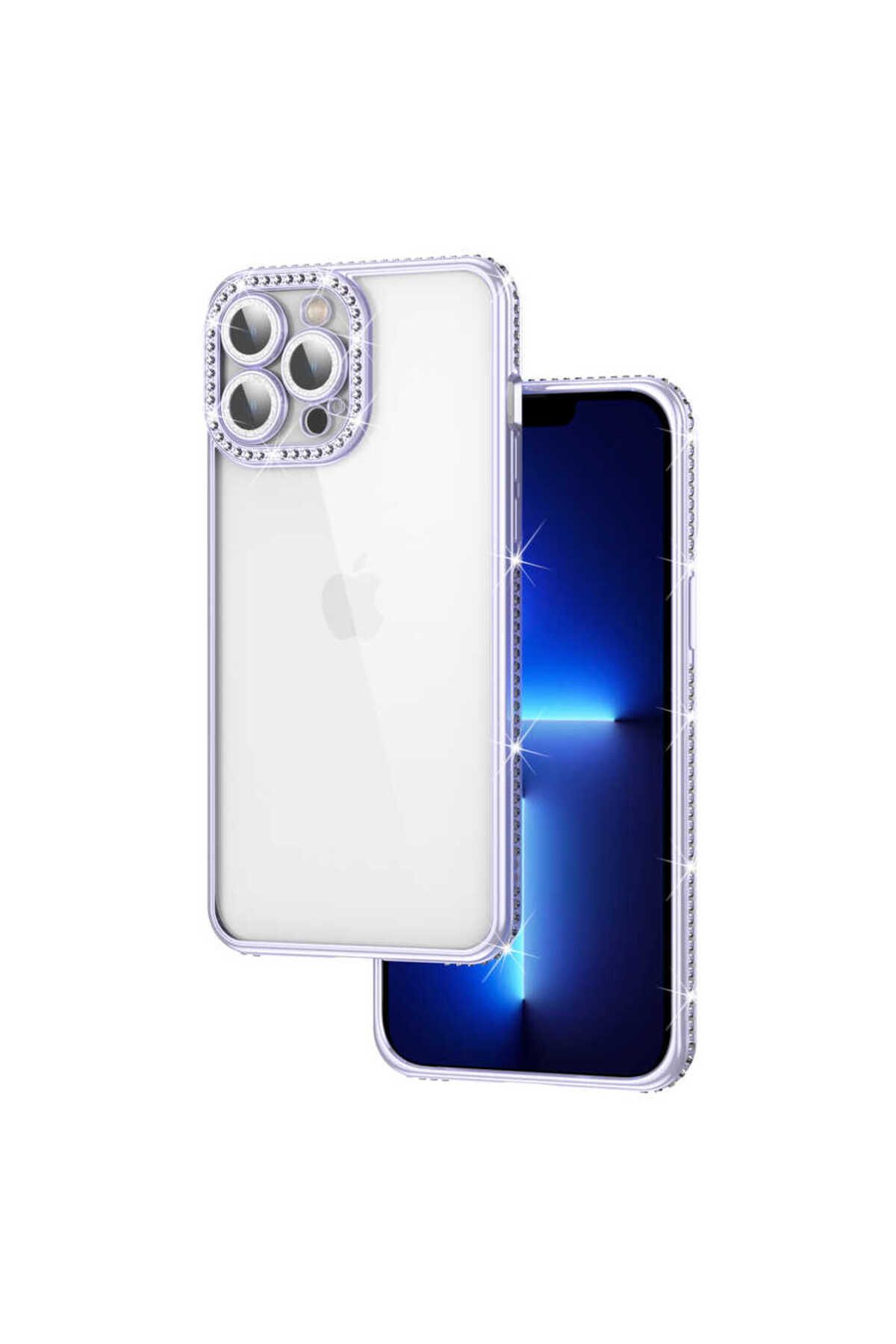 iPhone 12 Pro Max Uyumlu Kamera Korumalı Taşlı Zore Mina Kılıf-Lila