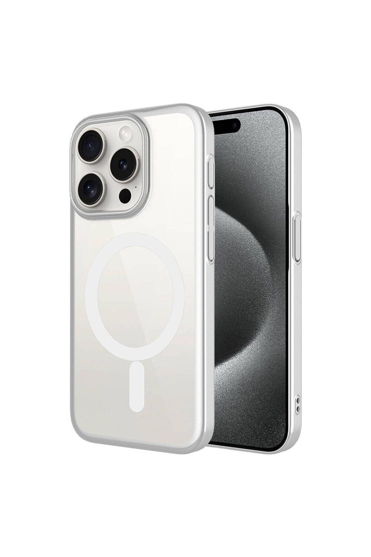 iPhone 15 Pro Uyumlu Wireless Şarj Özellikli Sert PC Zore Mat Riksos Magsafe Kılıf-Gümüş