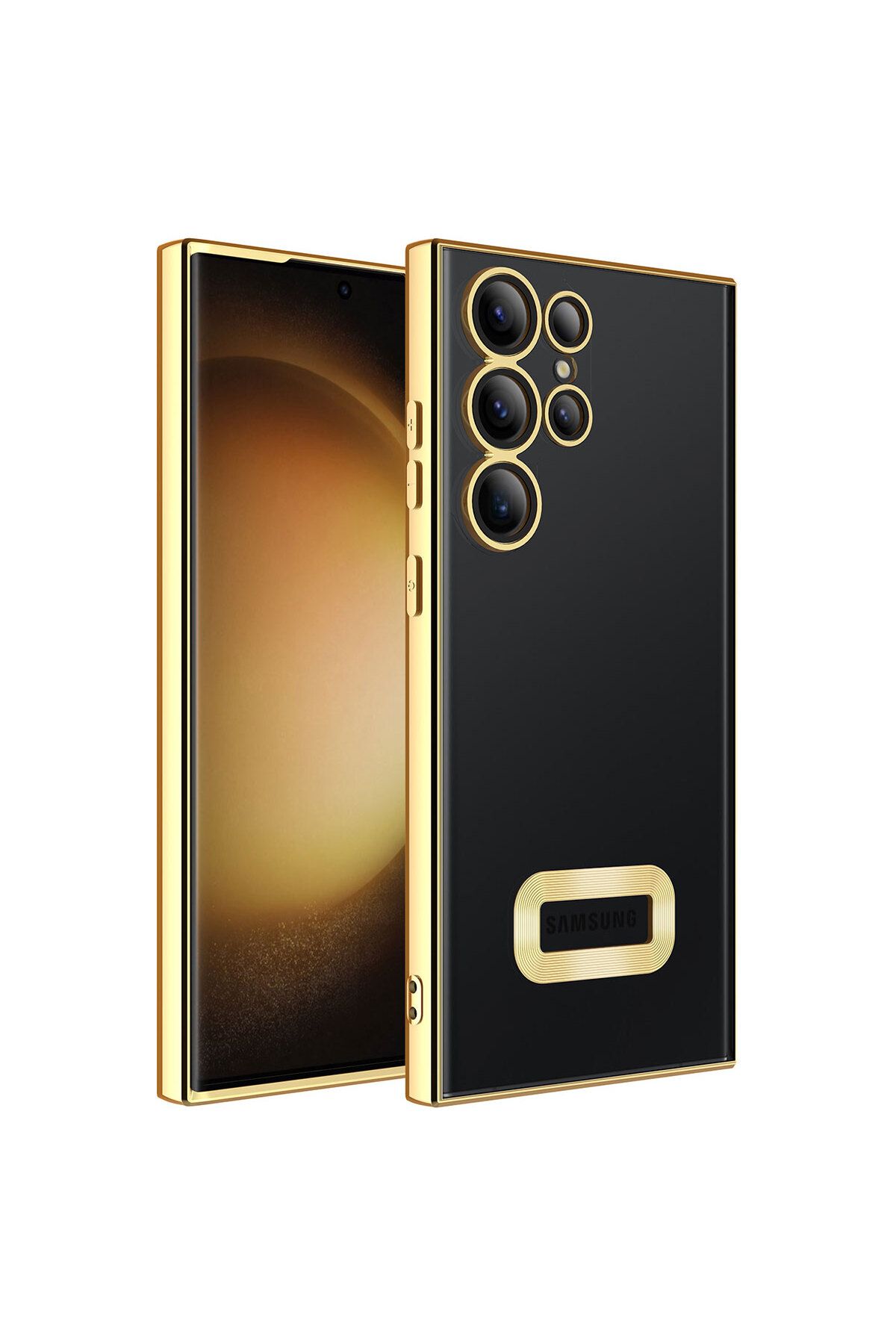 Galaxy S23 Ultra Uyumlu Kamera Korumalı Logo Gösteren Zore Omega Kılıf-Gold