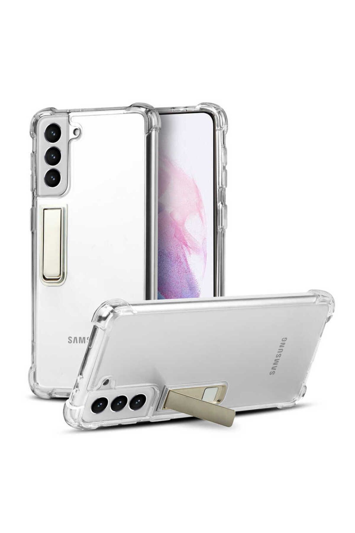 Galaxy S21 Plus Uyumlu Zore Standlı Süper Silikon Kılıf-Renksiz