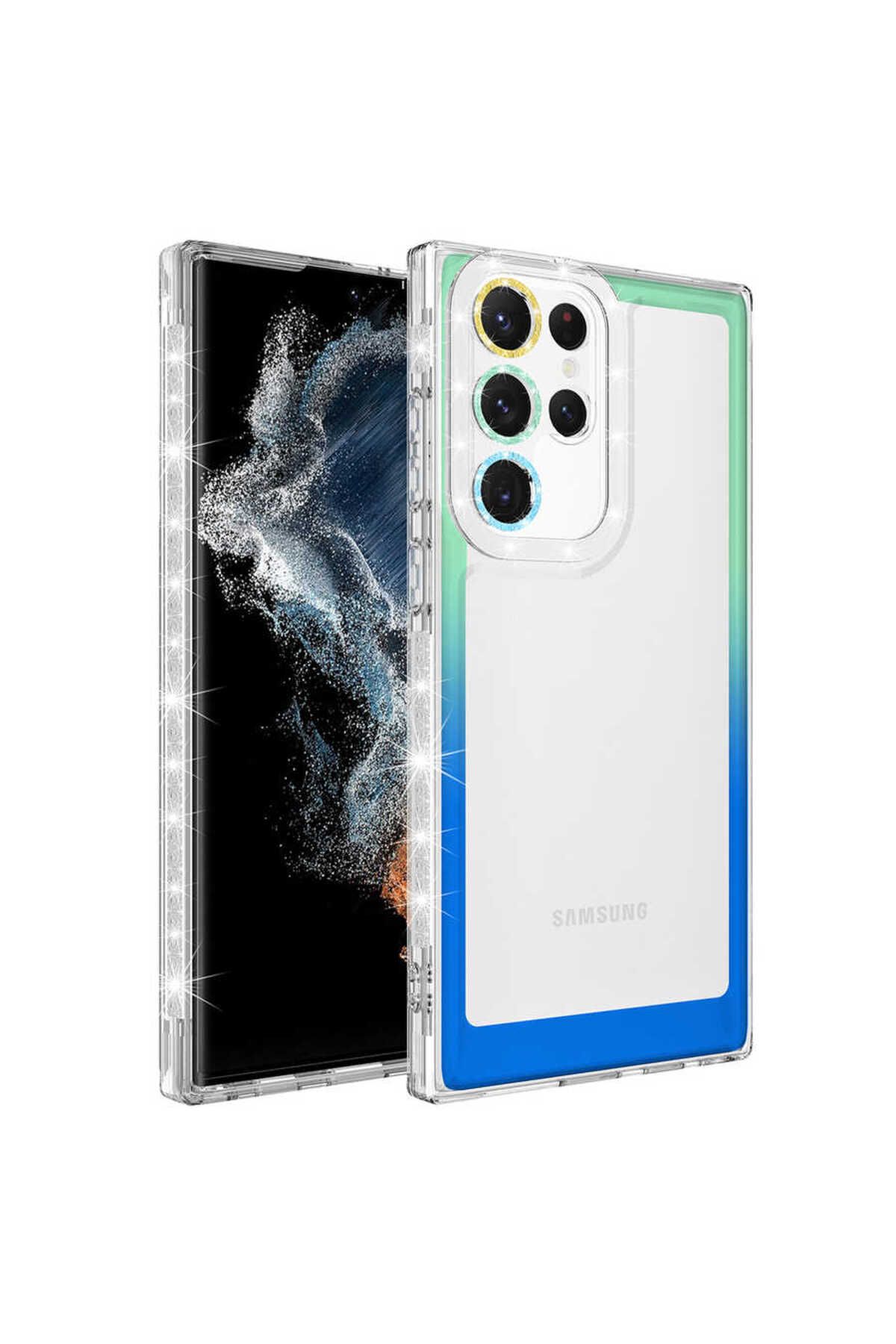 Galaxy S22 Ultra Uyumlu Simli ve Renk Geçiş Tasarımlı LZore Korumalı Zore Park Kılıf-Yeşil-Ma