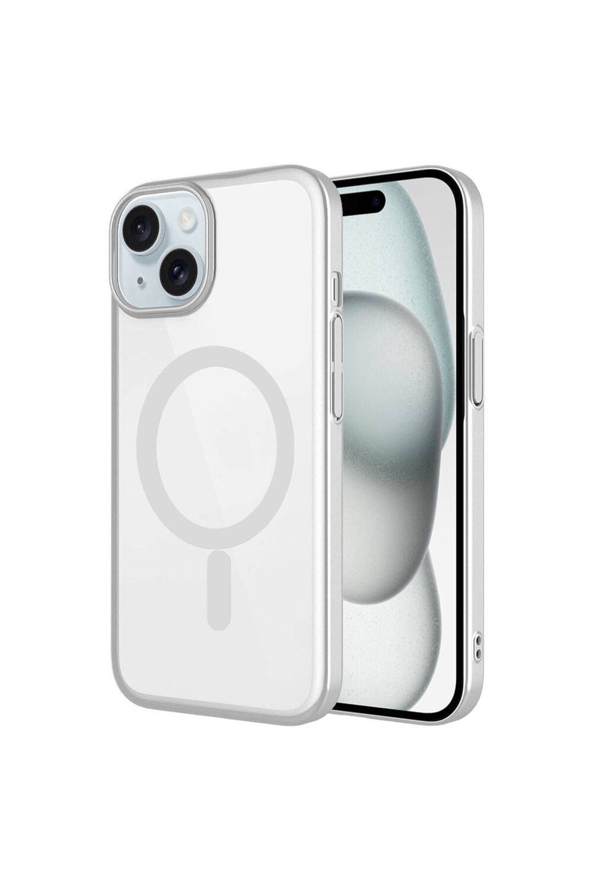 iPhone 15 Uyumlu Wireless Şarj Özellikli Sert PC Zore Mat Riksos Magsafe Kılıf-Gümüş