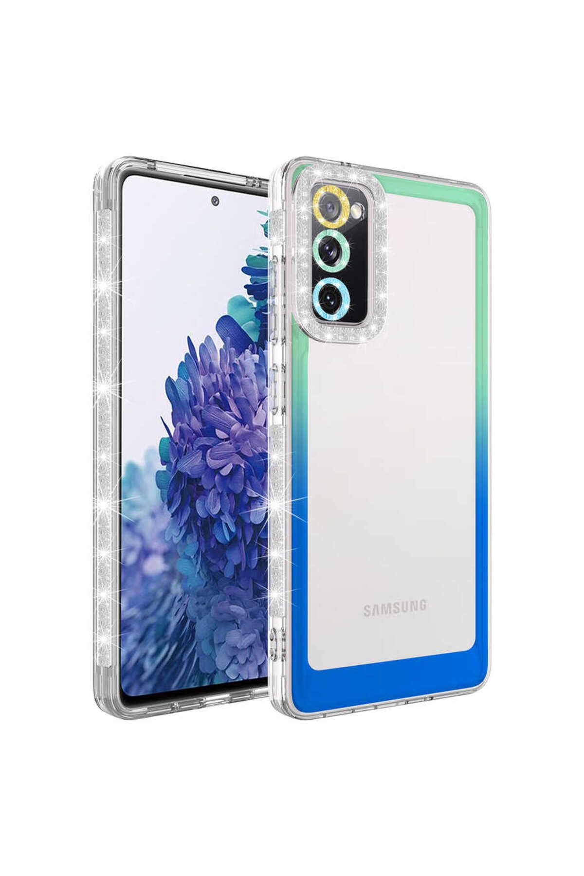 Galaxy S20 FE Uyumlu Simli ve Renk Geçiş Tasarımlı LZore Korumalı Zore Park Kılıf-Yeşil-Mavi