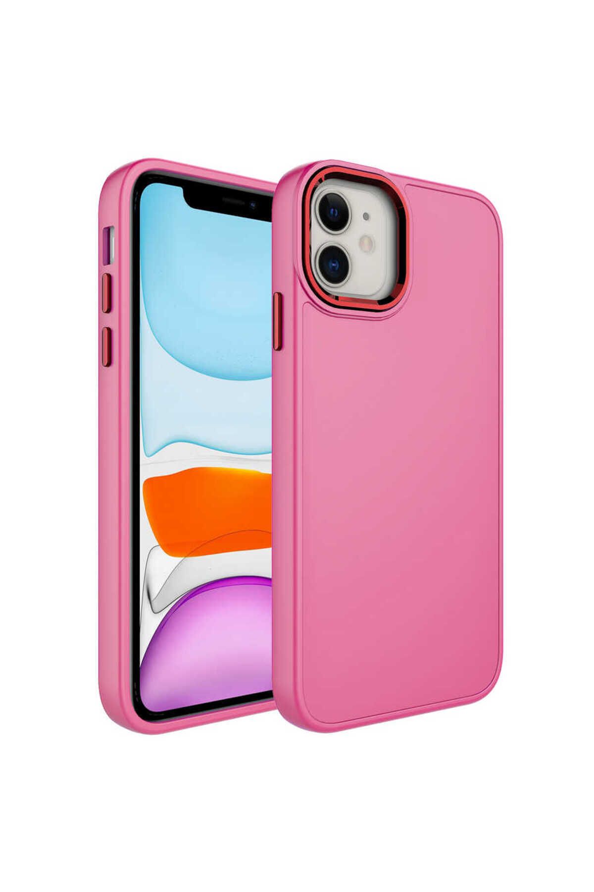 iPhone 11 Uyumlu Metal Çerçeve ve Buton Tasarımlı Silikon Zore Luna Kılıf-Pembe