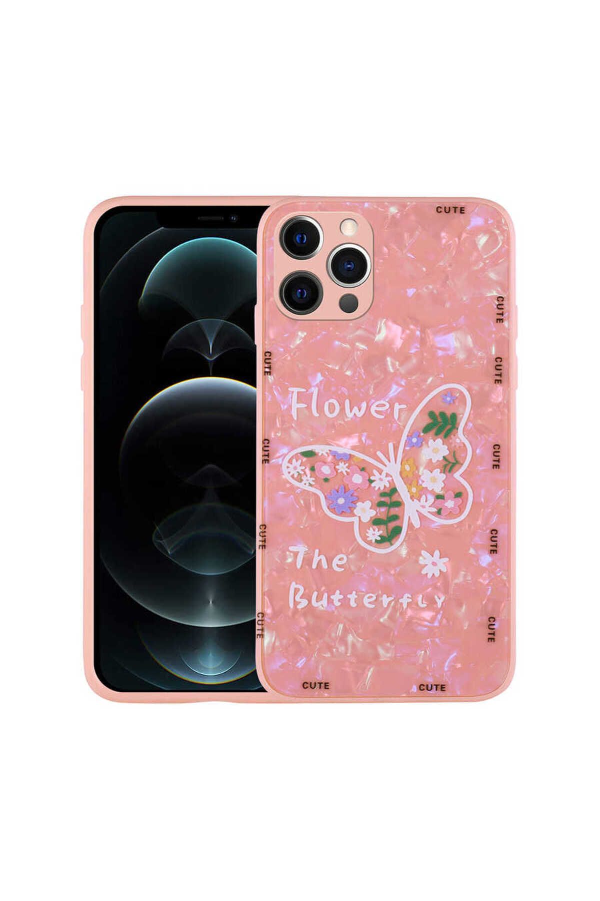 iPhone 12 Pro Max Uyumlu Desenli Sert Silikon Zore Mumila Kılıf-Pink Flower