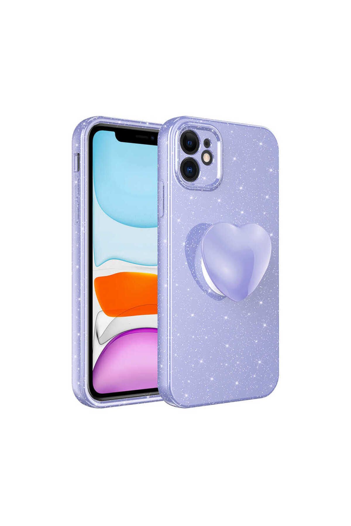 iPhone 11 Uyumlu Kamera Korumalı Simli Pop Soketli Lüks Zore Koton Soketli Kılıf-Lila
