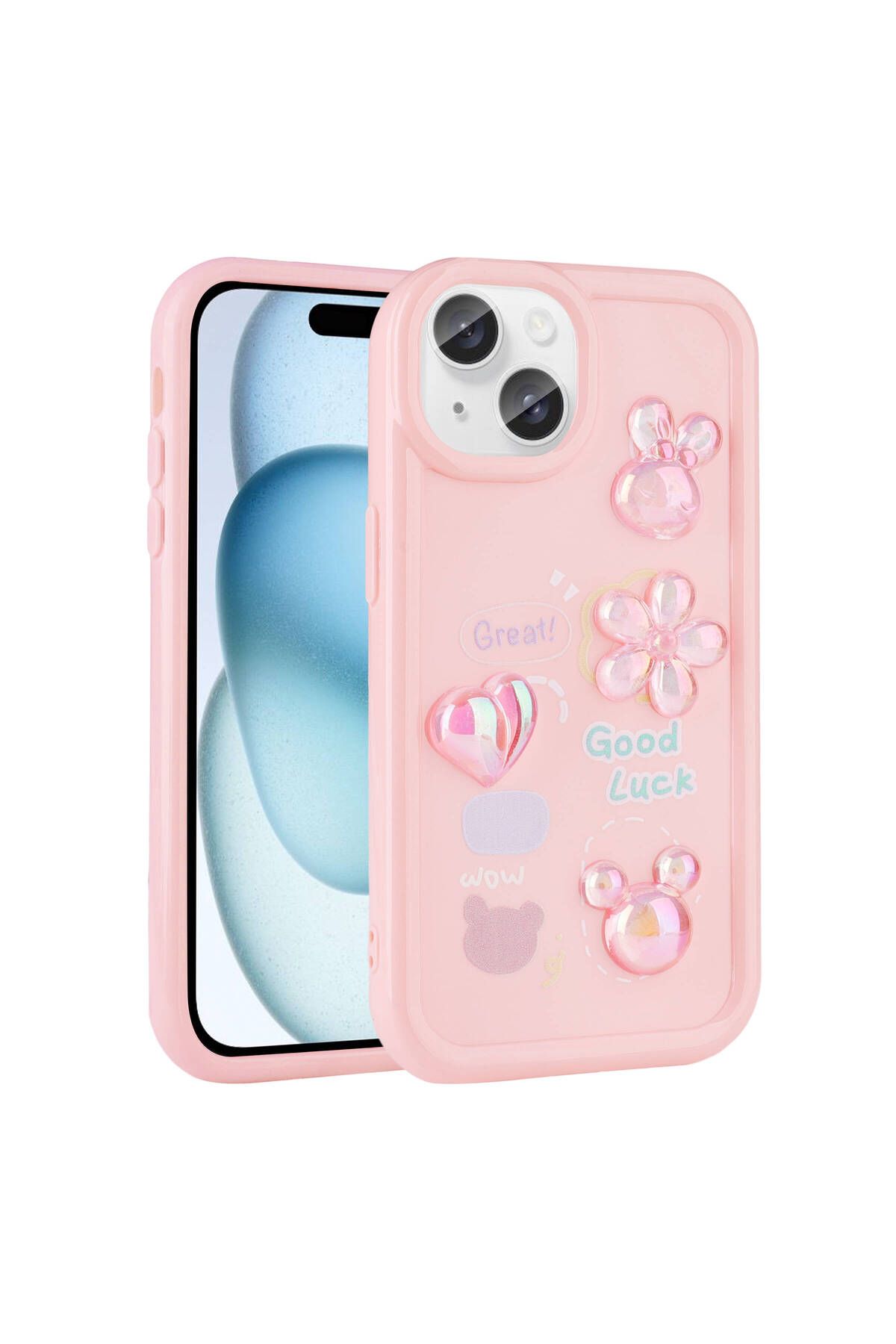 iPhone 15 Uyumlu Kabartma Figürlü Parlak Zore Toys Silikon Kılıf-Pembe