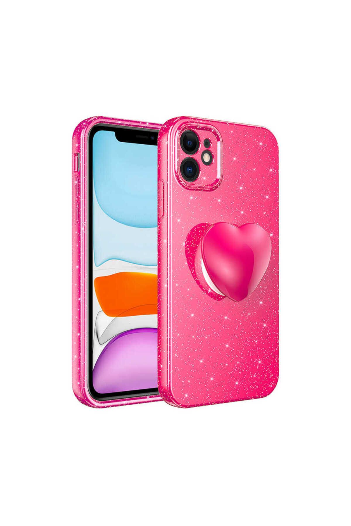 iPhone 11 Uyumlu Kamera Korumalı Simli Pop Soketli Lüks Zore Koton Soketli Kılıf-Pembe Koyu
