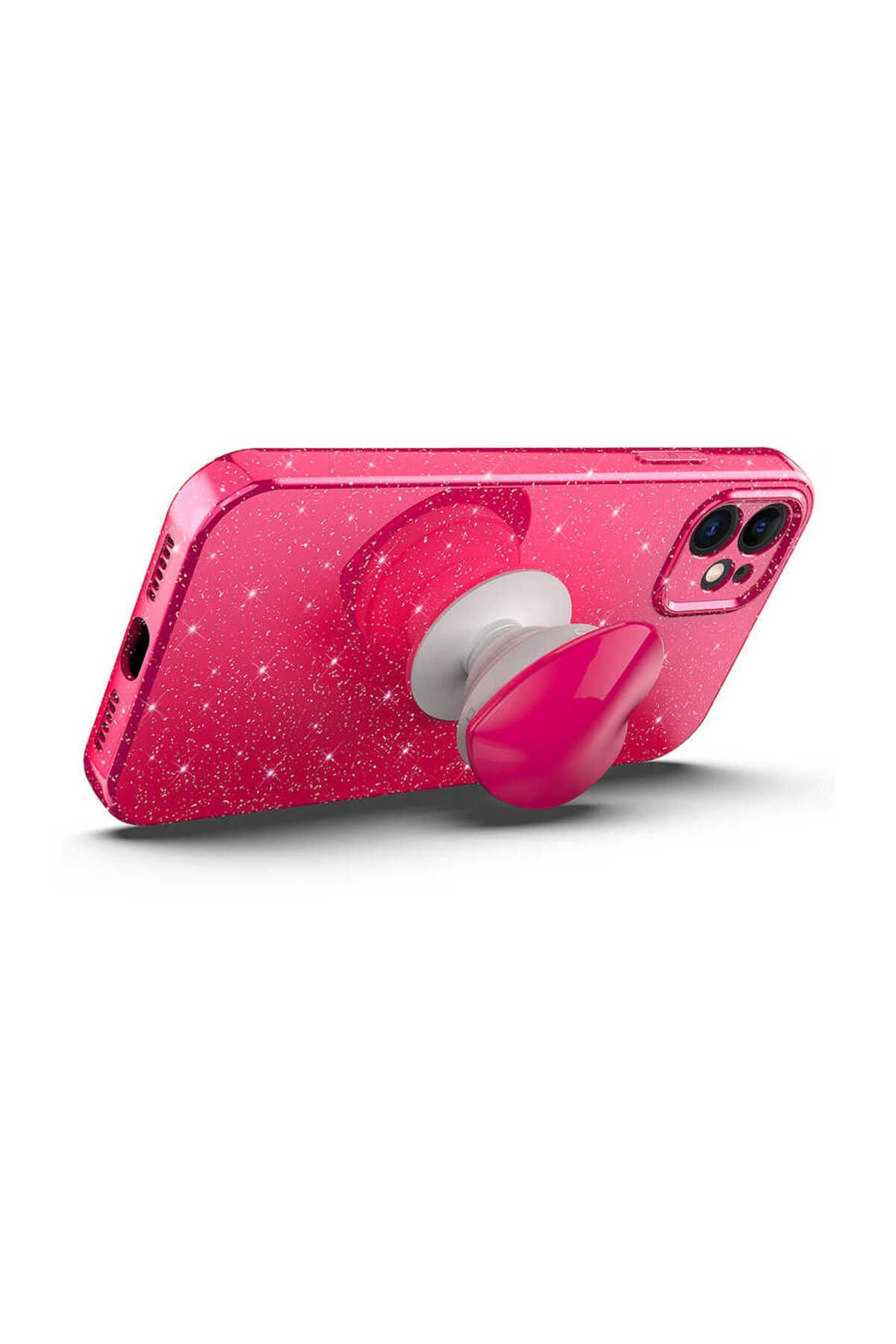 iPhone 11 Uyumlu Kamera Korumalı Simli Pop Soketli Lüks Zore Koton Soketli Kılıf-Pembe Koyu