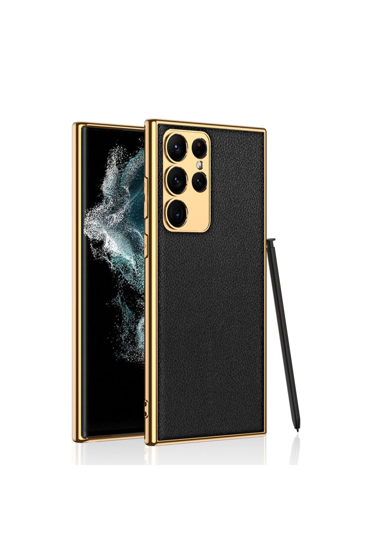 Galaxy S23 Ultra Uyumlu Deri Görünümlü Kenarları Elektroplating Kaplama Zore Fizyon Kılıf-Si