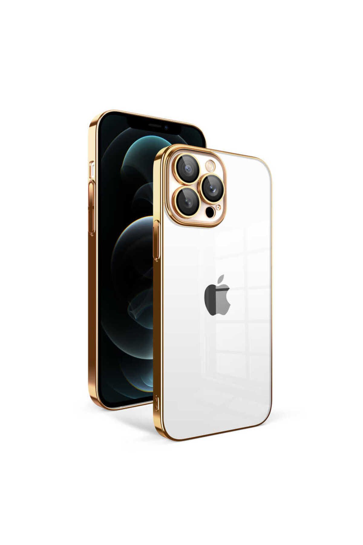 iPhone 12 Pro Max Uyumlu Kamera Korumalı Renkli Çerçeveli Zore Garaj Kılıf-Gold