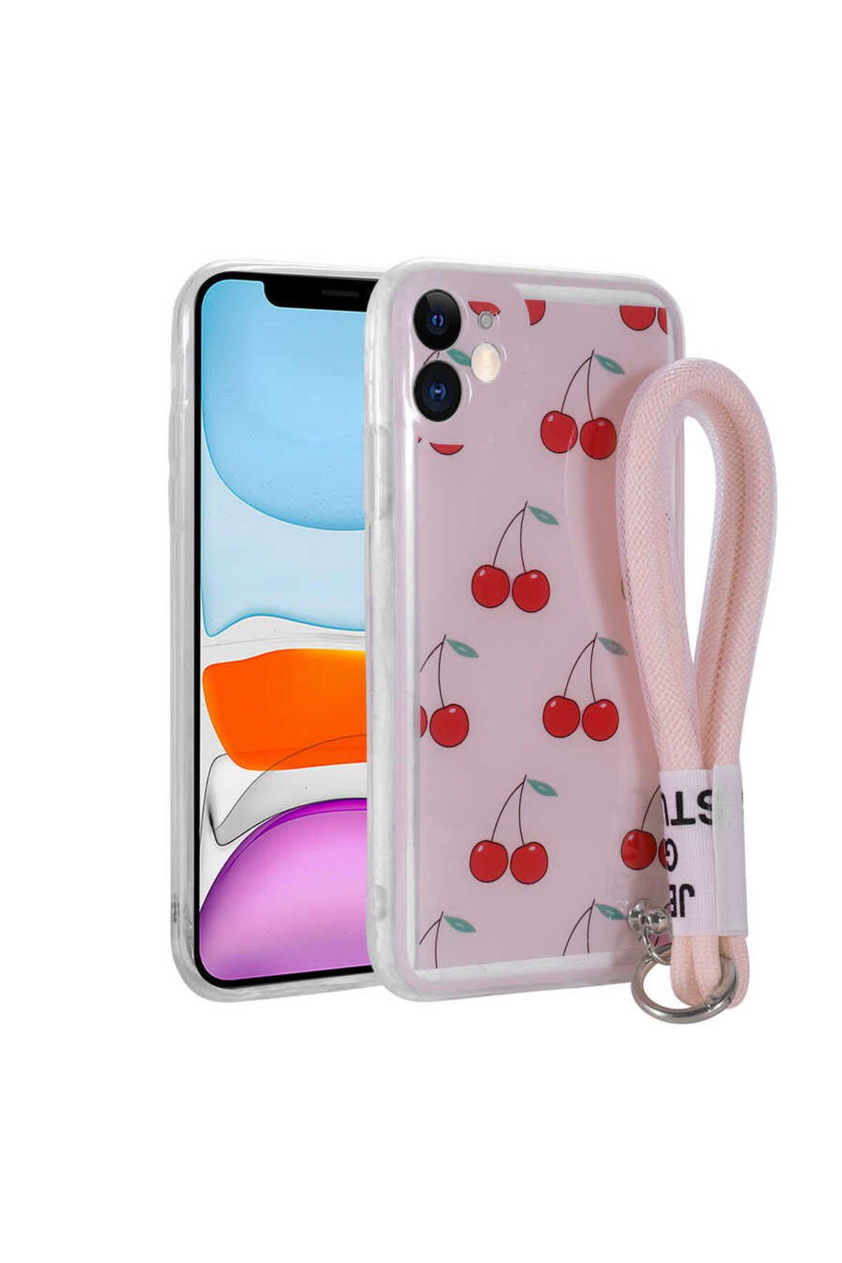 iPhone 11 Uyumlu Desenli El Askılı İpli Zore Astana Silikon Kılıf-Kiraz