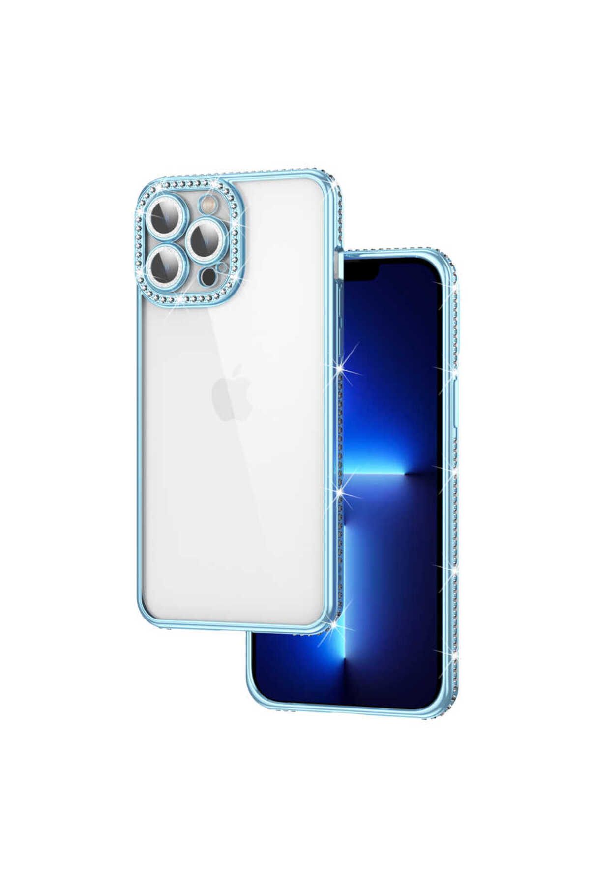 iPhone 12 Pro Max Uyumlu Kamera Korumalı Taşlı Zore Mina Kılıf-Mavi