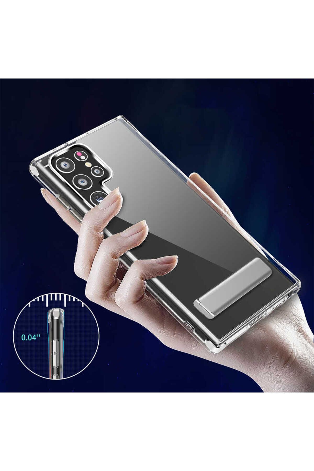 Galaxy S22 Ultra Uyumlu Standlı Şeffaf Silikon Zore L-Stand Kılıf-Renksiz