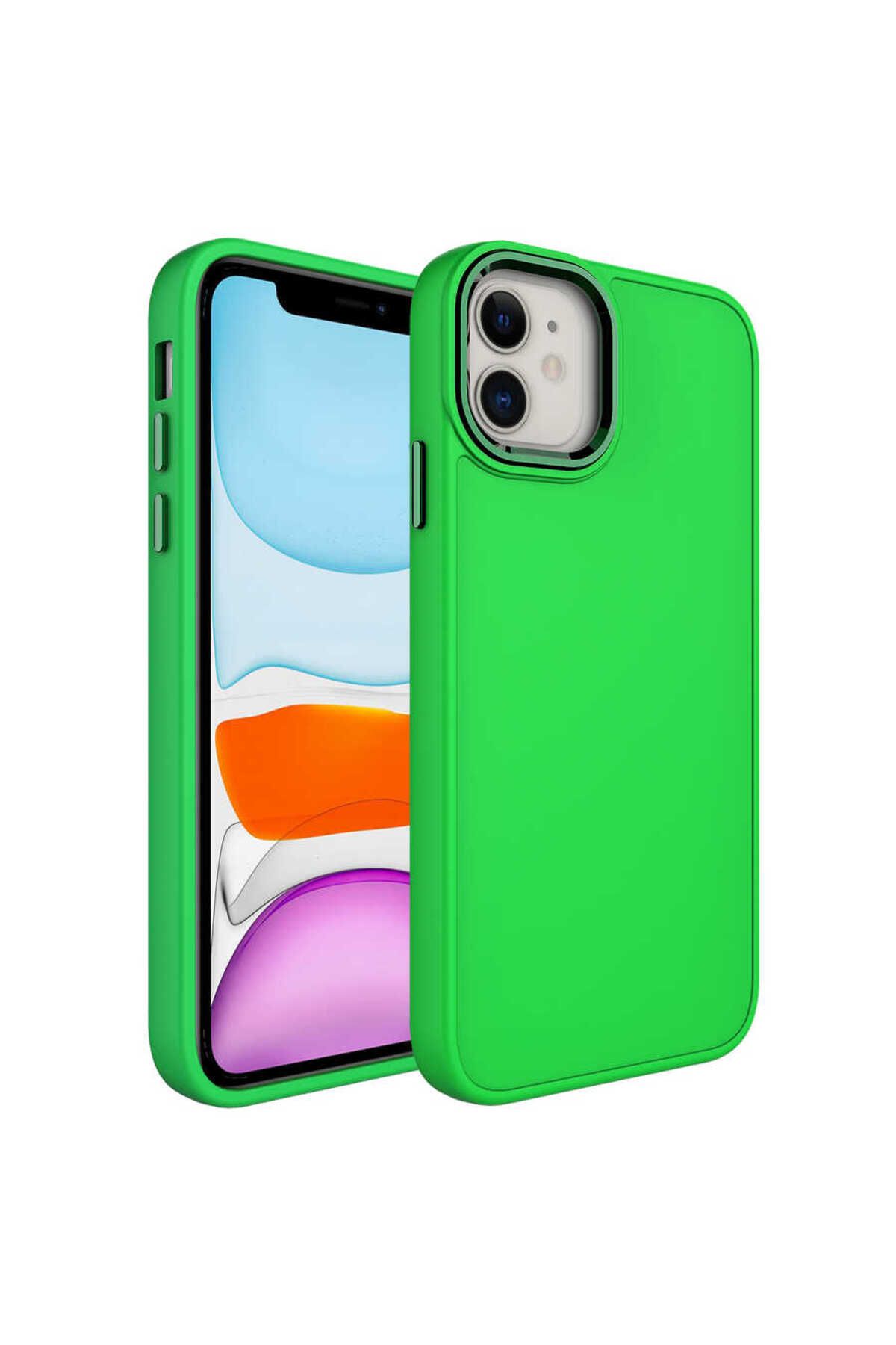 iPhone 11 Uyumlu Metal Çerçeve ve Buton Tasarımlı Silikon Zore Luna Kılıf-Fosfor Yeşili