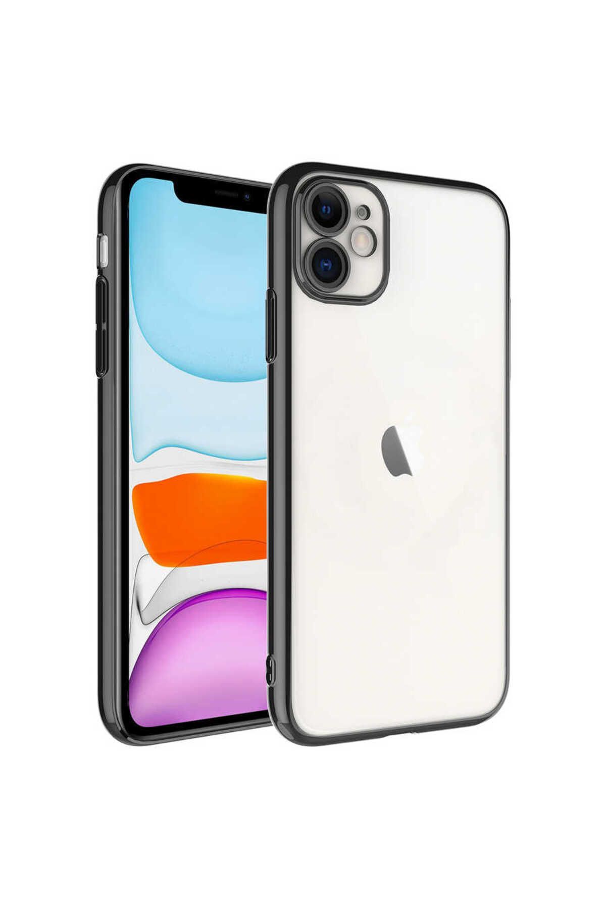 iPhone 11 Uyumlu Sert PC Renkli Çerçeveli Zore Riksos Kılıf-Siyah