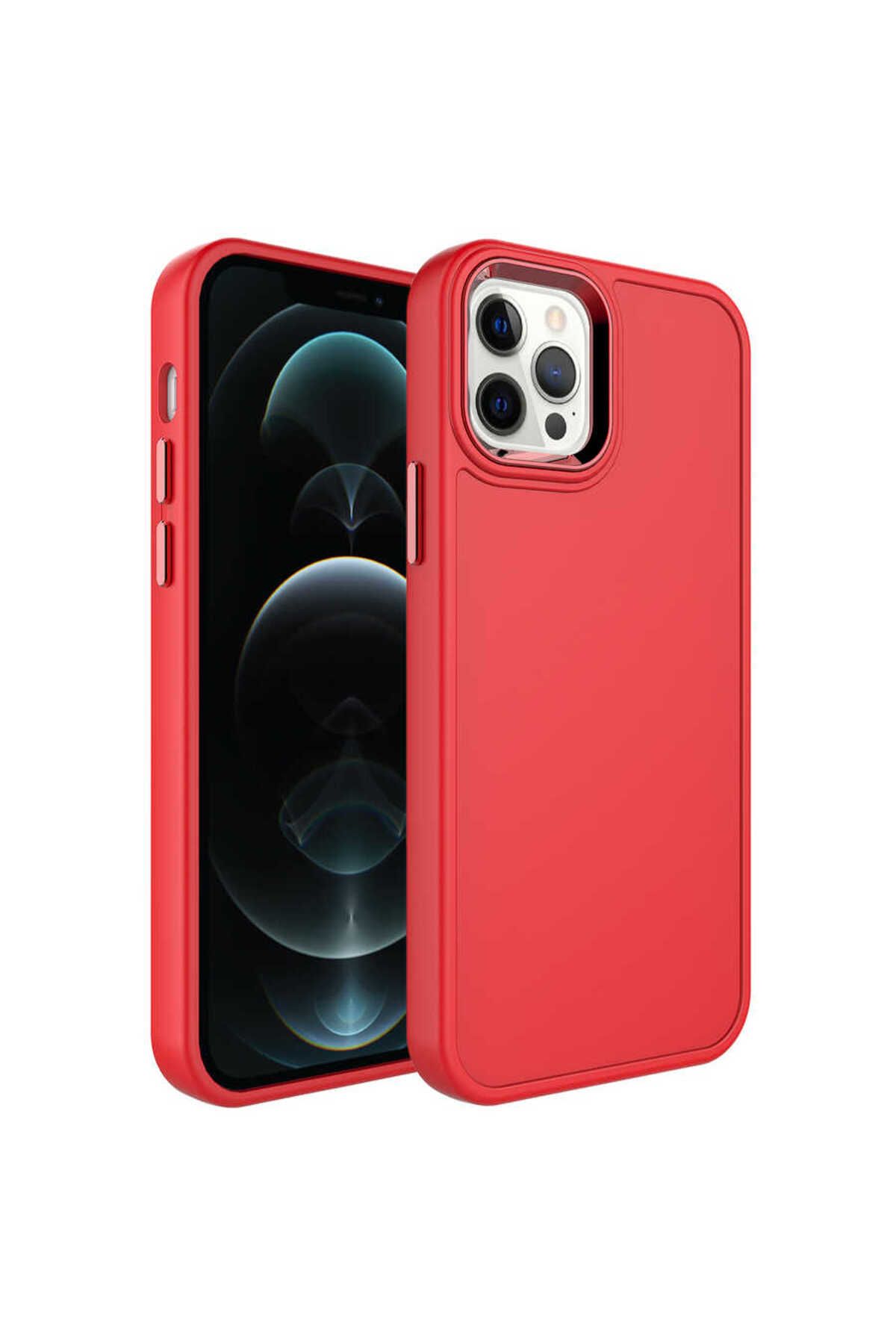 iPhone 12 Pro Max Uyumlu Metal Çerçeve ve Buton Tasarımlı Sert Zore Botox Kılıf-Kırmızı