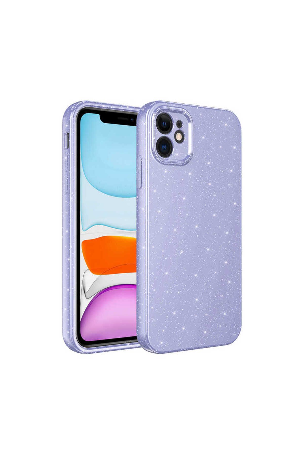 iPhone 11 Uyumlu Kamera Korumalı Simli Lüks Zore Koton Kılıf-Lila