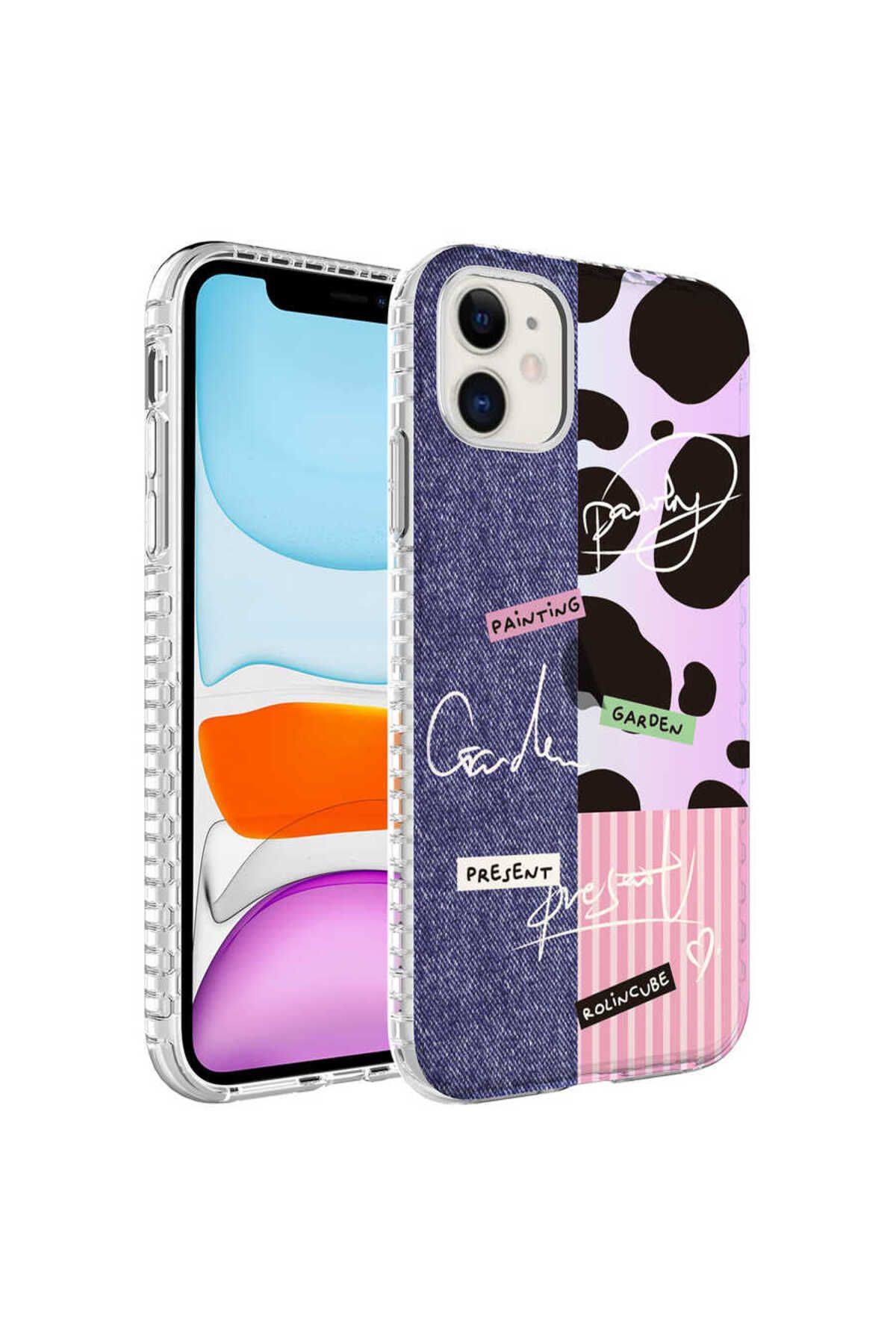 iPhone 11 Uyumlu Airbag Kenarlı Renkli Desenli Silikon Zore Elegans Kılıf-NO8