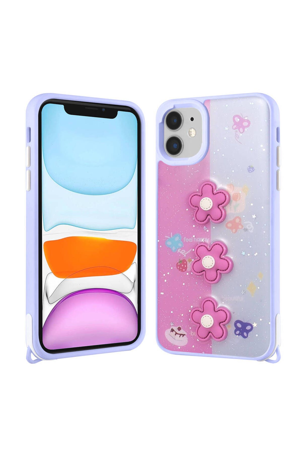 iPhone 11 Kılıf Parlayan Sıvılı Simli Kabartma Figürlü Zore Cevze Kapak-Mor PaCSMX-ya