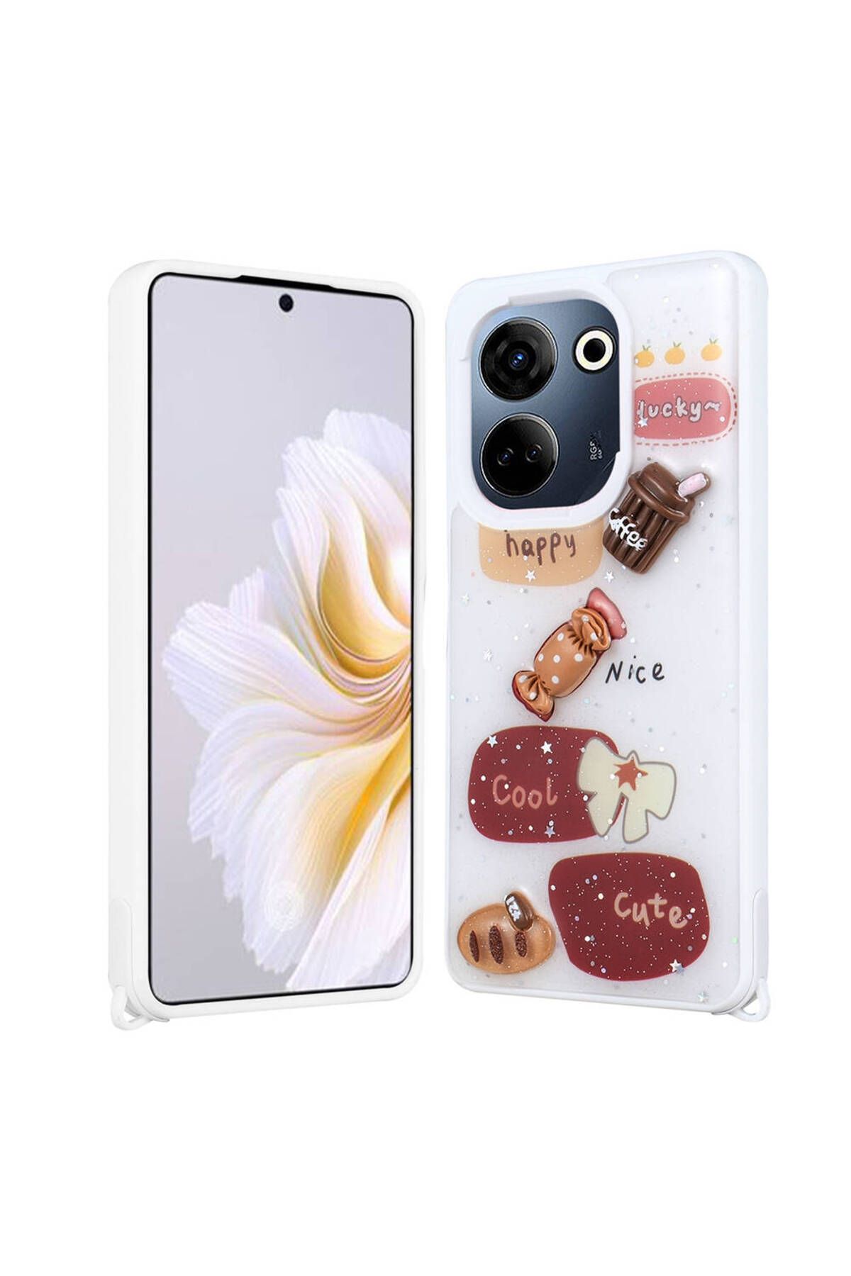 Tecno Camon 20 Pro 4G Kılıf Parlayan Sıvılı Simli Kabartma Figürlü Zore Cevze Kapak-Beyaz