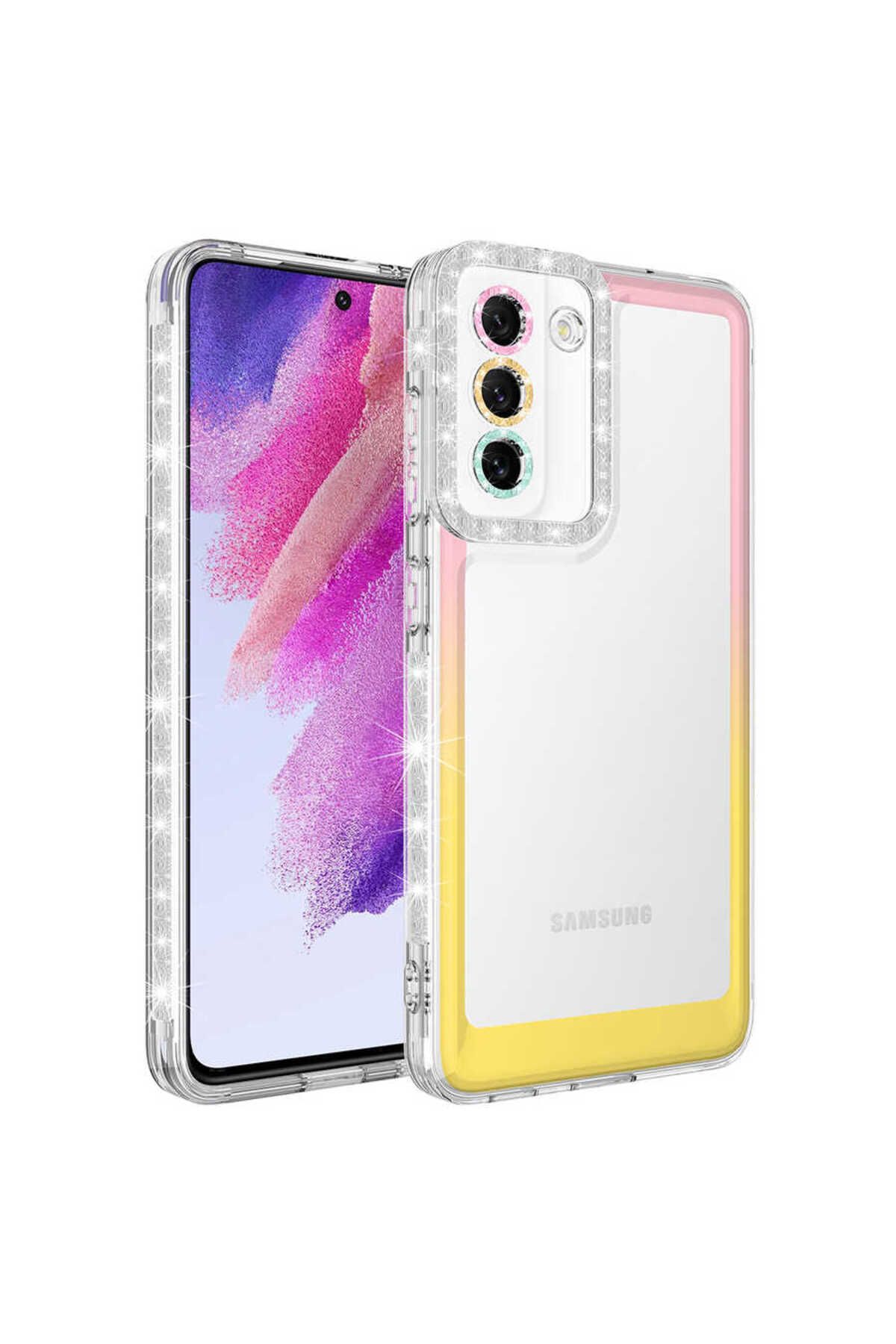 Galaxy S21 FE Uyumlu Simli ve Renk Geçiş Tasarımlı LZore Korumalı Zore Park Kılıf-Pembe-Sarı