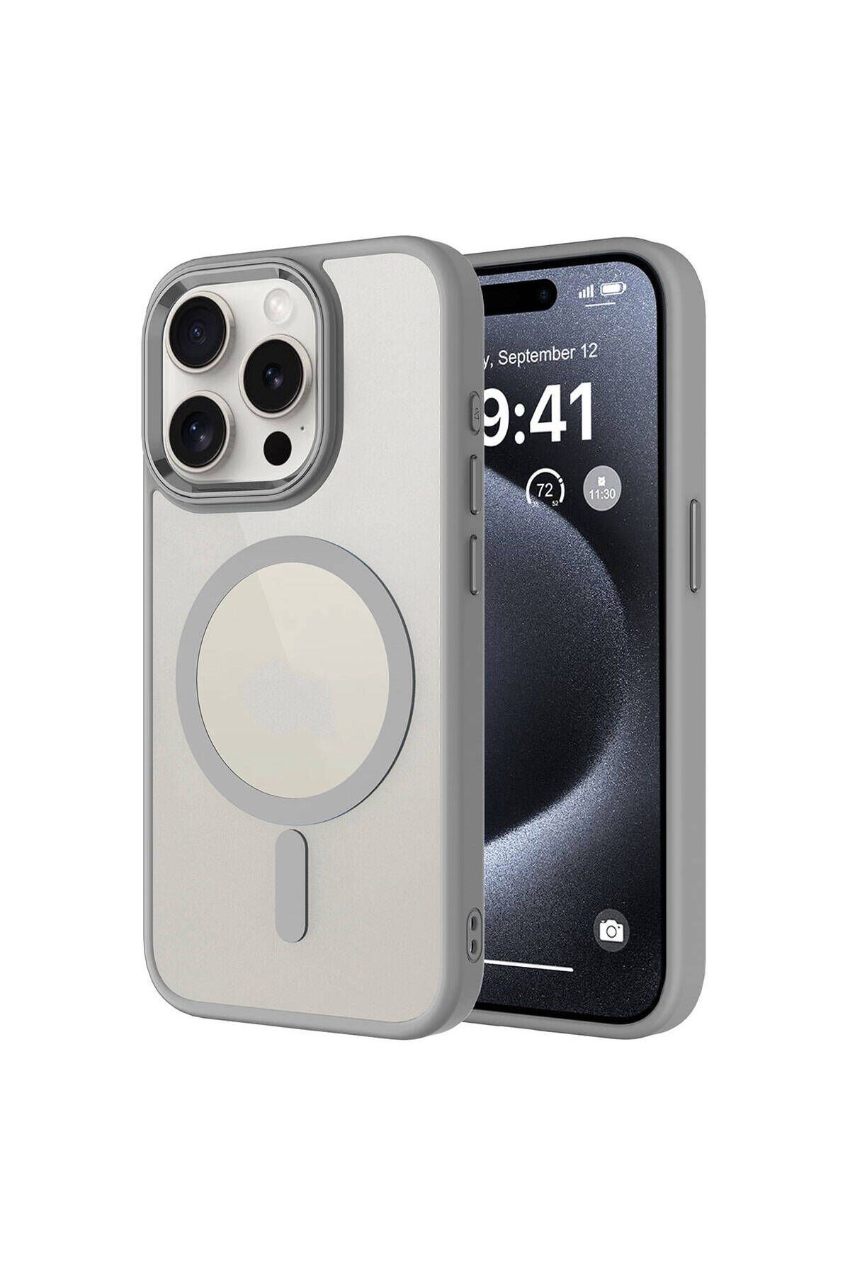 iPhone 15 Pro Uyumlu Wireless Şarj Özellikli Zore Krom Magsafe Silikon Kılıf-Gri