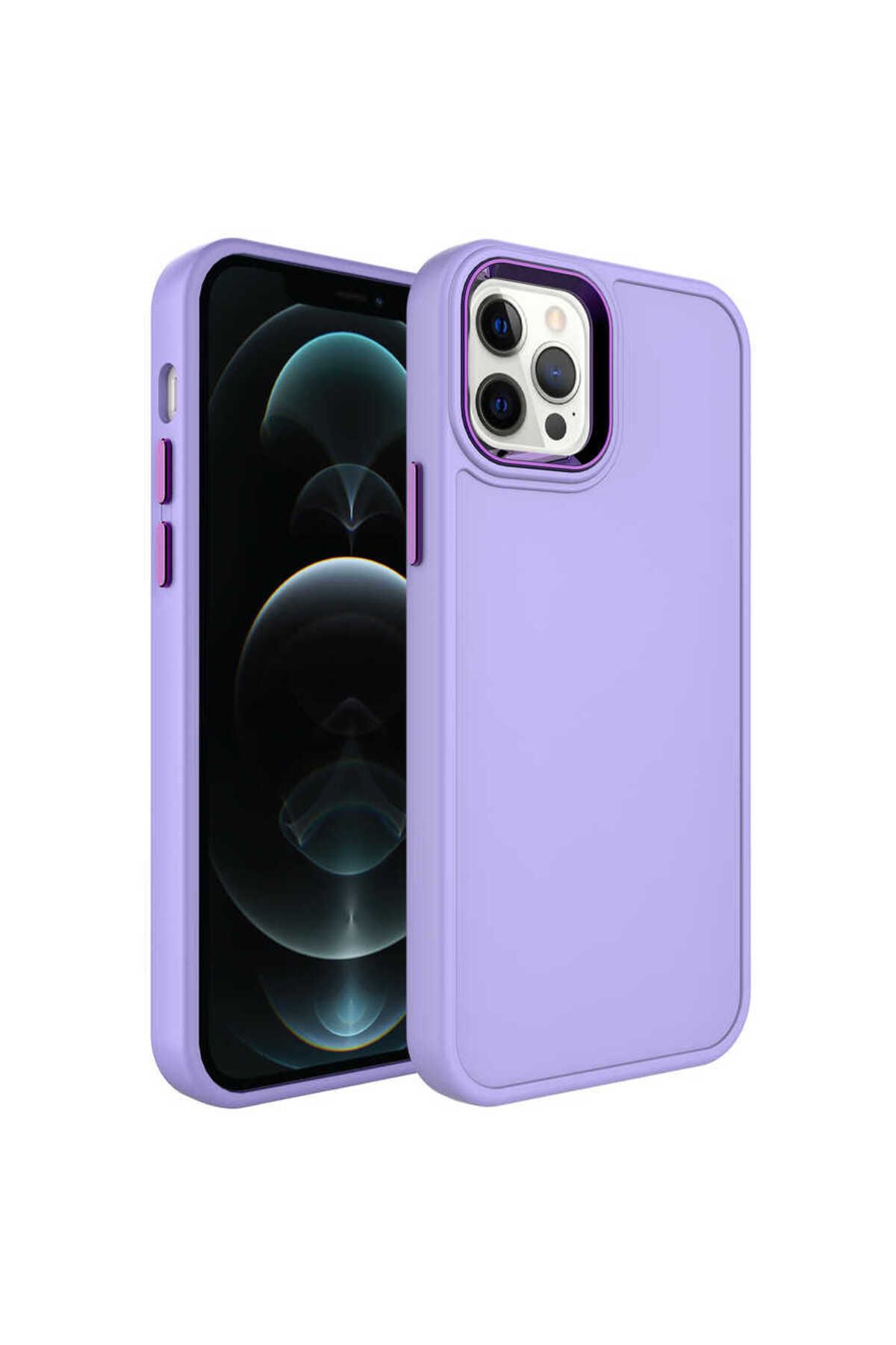 iPhone 12 Pro Max Uyumlu Metal Çerçeve ve Buton Tasarımlı Sert Zore Botox Kılıf-Lila