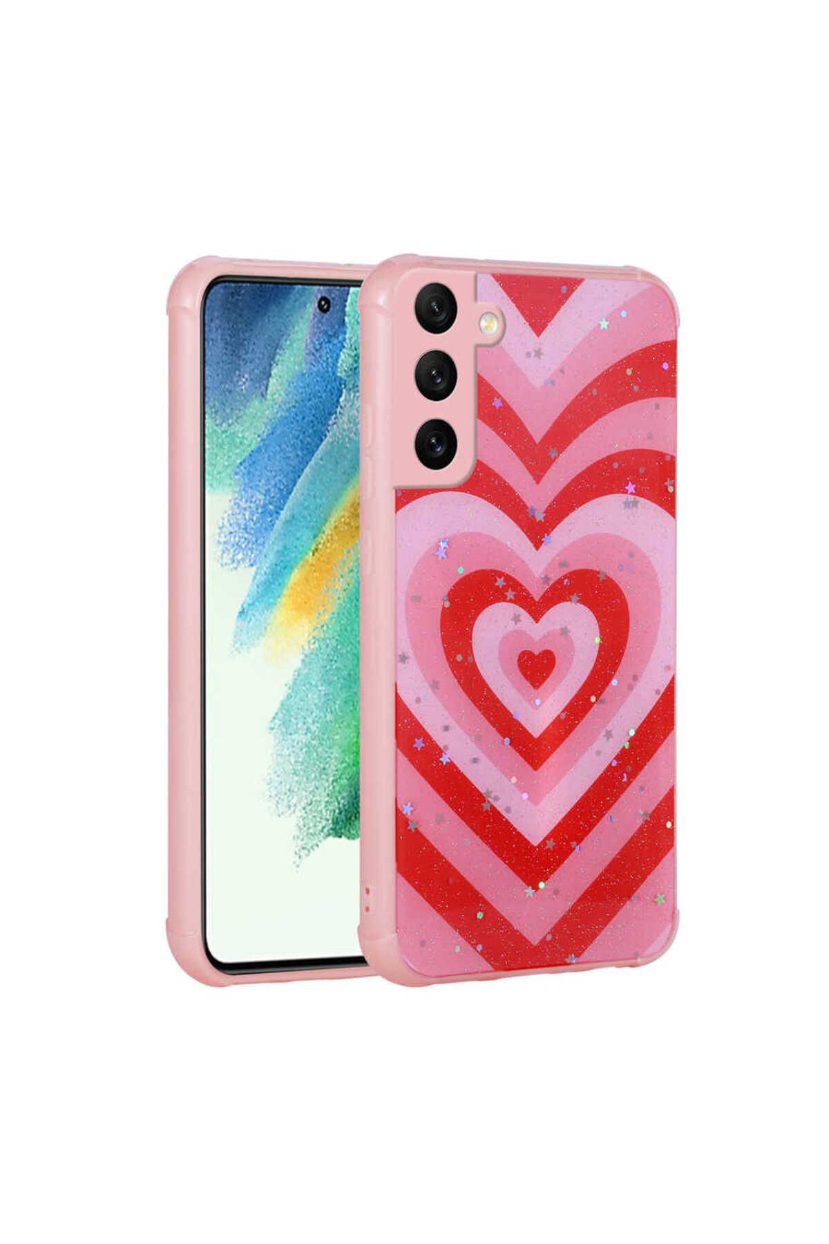 Galaxy S21 FE Uyumlu Simli Desenli Kamera Korumalı Parlak Zore Popy Kılıf-Kalp