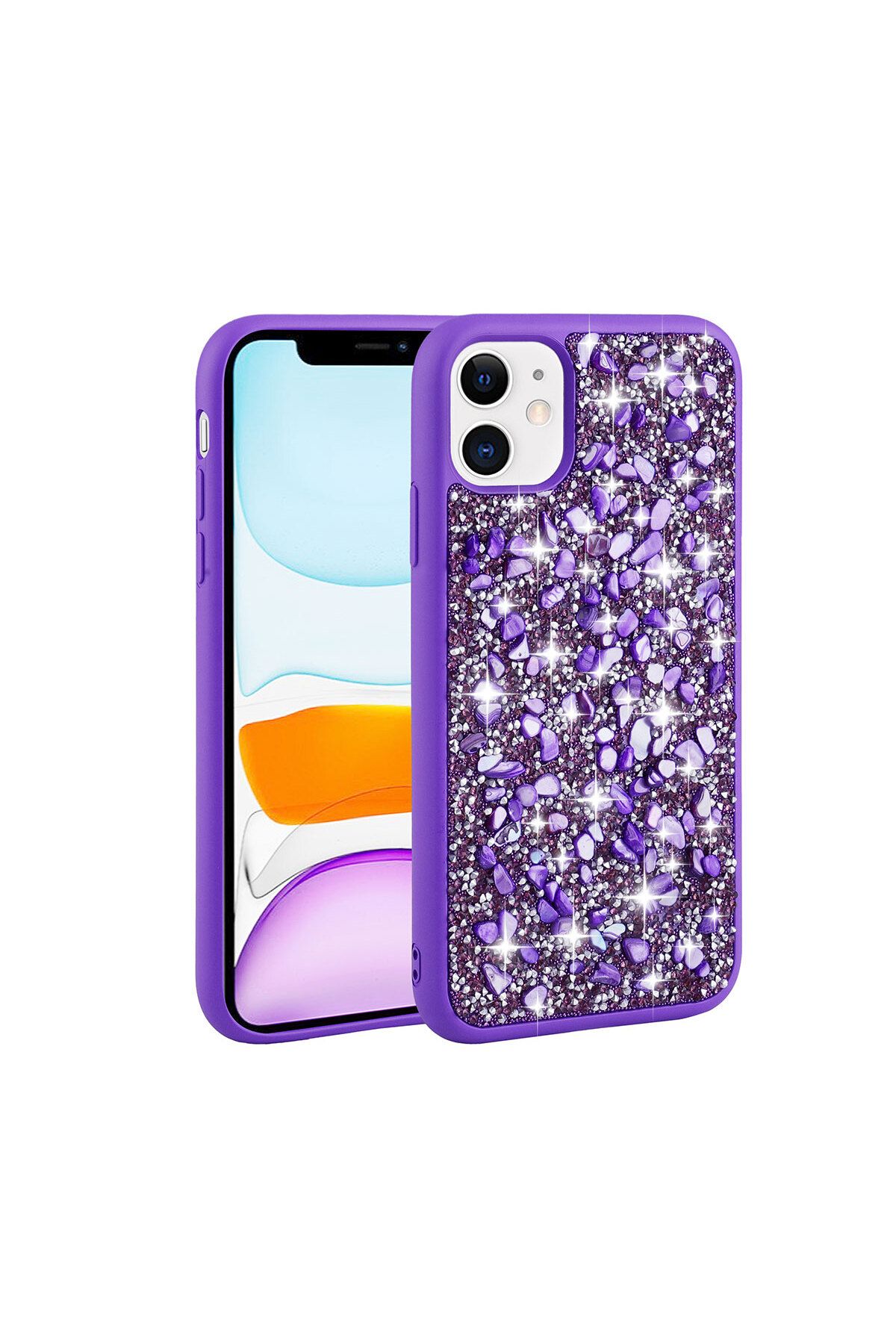 iPhone 11 Uyumlu Parlak Taşlı Tasarım Zore Linea Kılıf-Mor