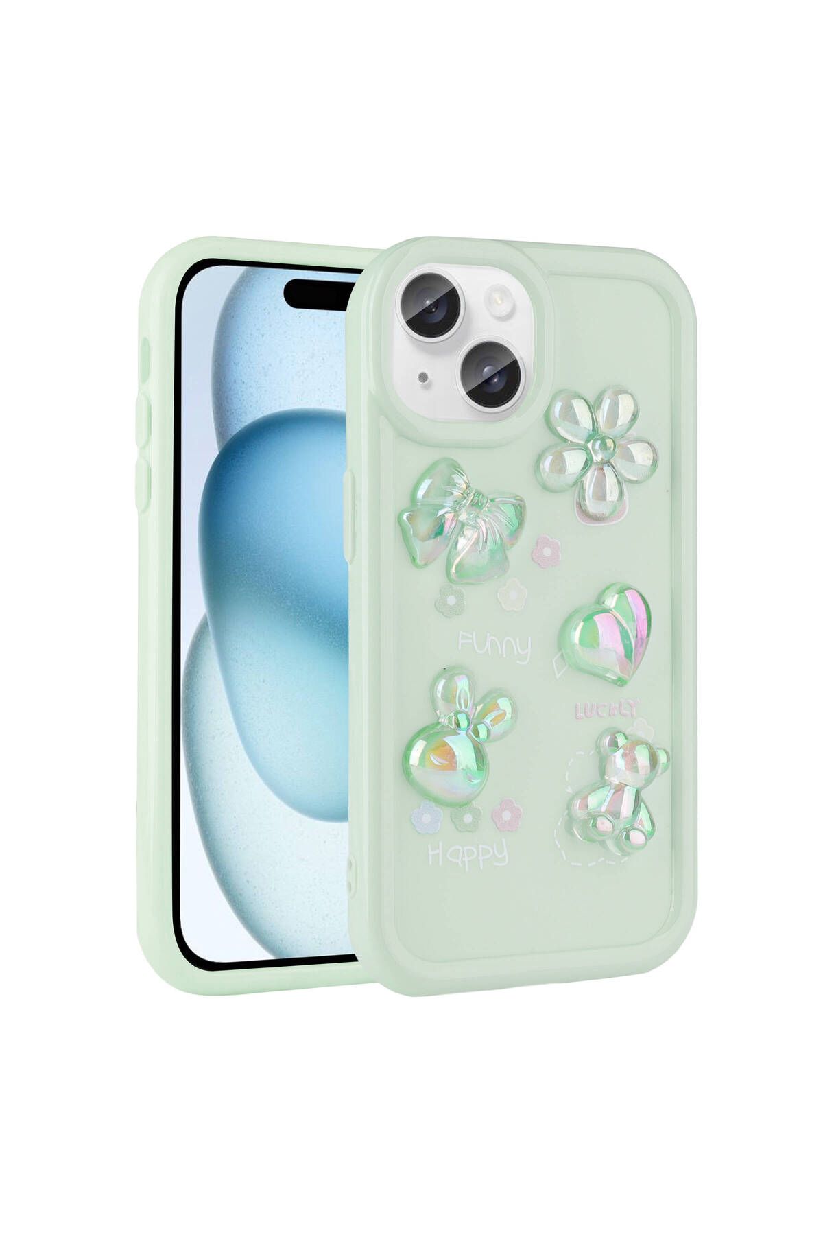 iPhone 15 Uyumlu Kabartma Figürlü Parlak Zore Toys Silikon Kılıf-Açık Yeşil