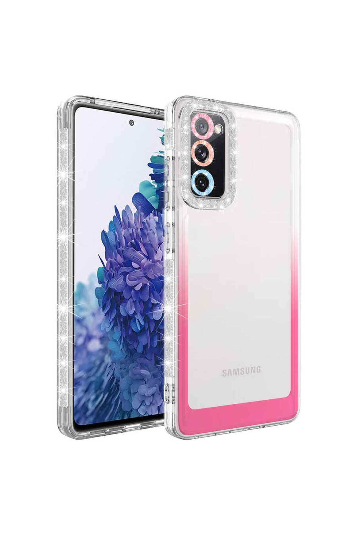Galaxy S20 FE Uyumlu Simli ve Renk Geçiş Tasarımlı LZore Korumalı Zore Park Kılıf-Beyaz-Pembe