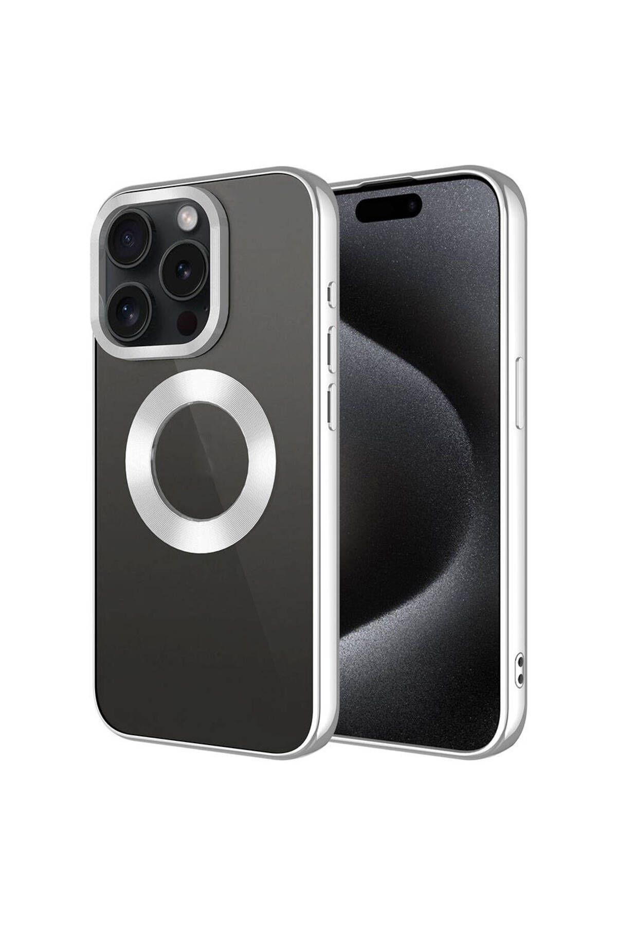 iPhone 15 Pro Uyumlu Tek Kamera Çerçeveli Logo Gösteren Zore Omega Kılıf-Gümüş