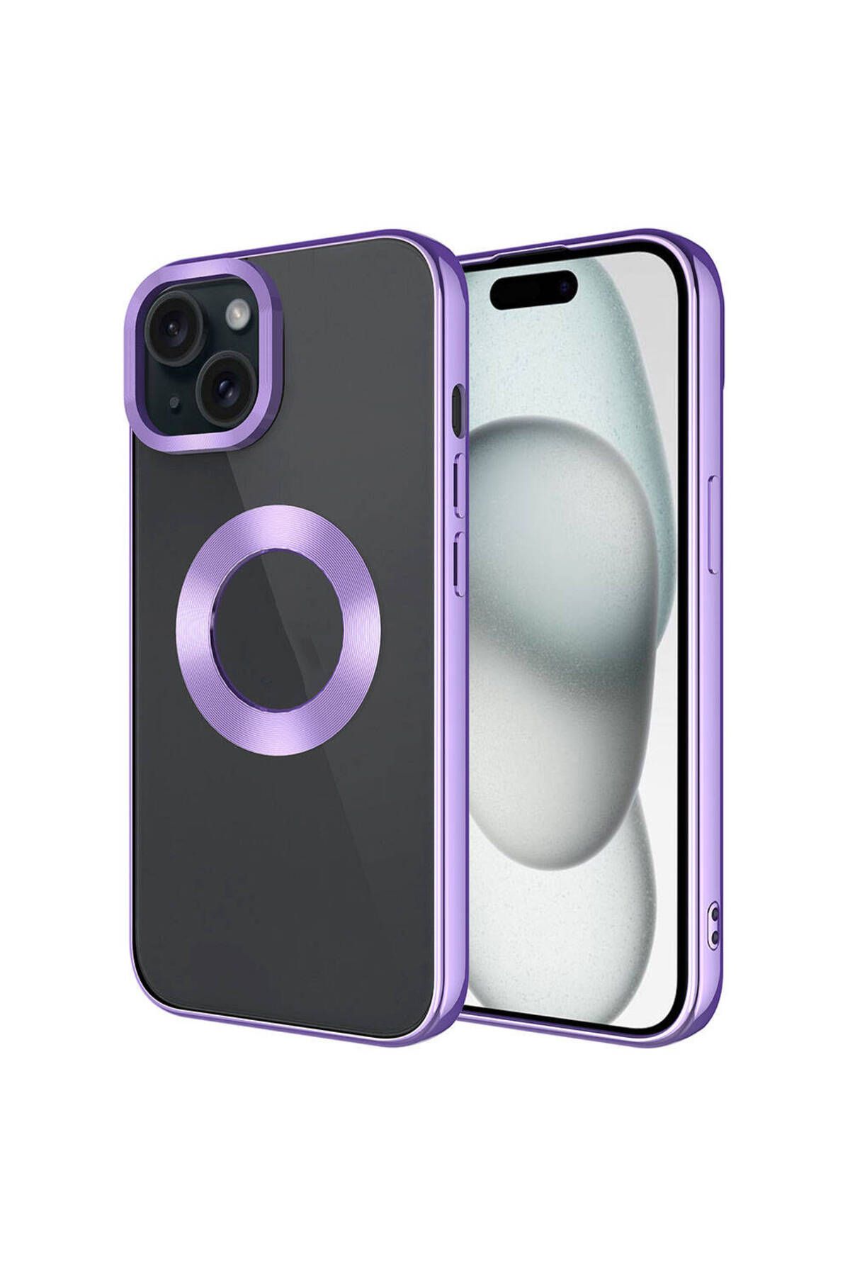 iPhone 15 Uyumlu Tek Kamera Çerçeveli Logo Gösteren Zore Omega Kılıf-Lila